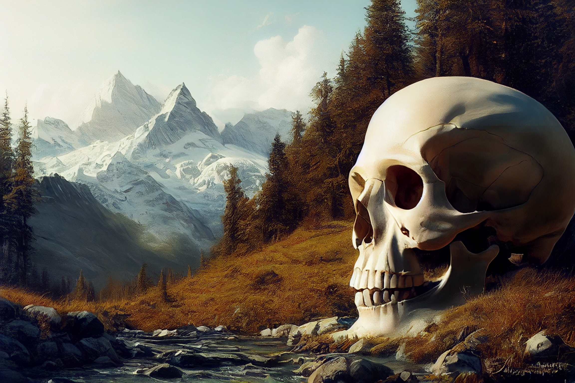 Ai Art Skull And Bones Mountains Landscape Creature Trees Ruins Snow Skull Nature 2304x1536