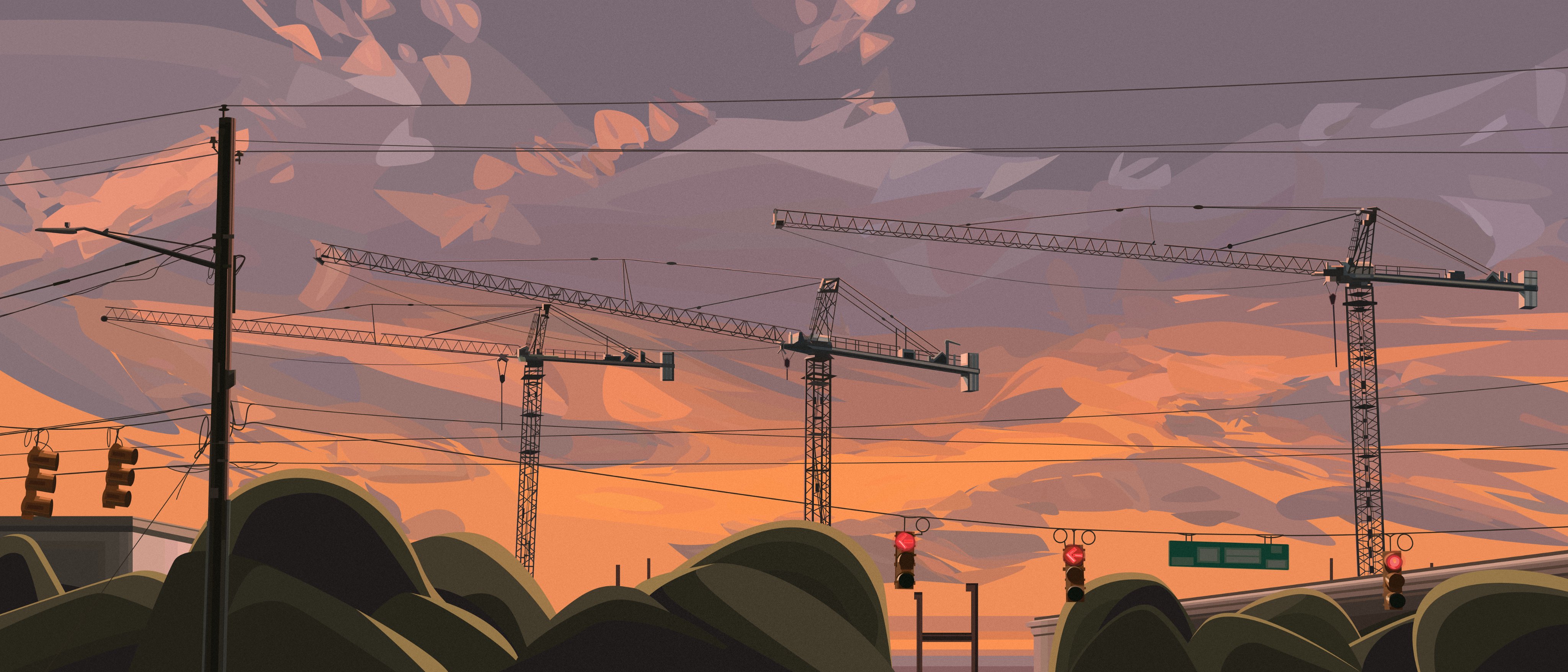 Dylan Wade Digital Art Artwork Illustration Clouds Cranes Machine Traffic Lights Utility Pole Sunset 4096x1756