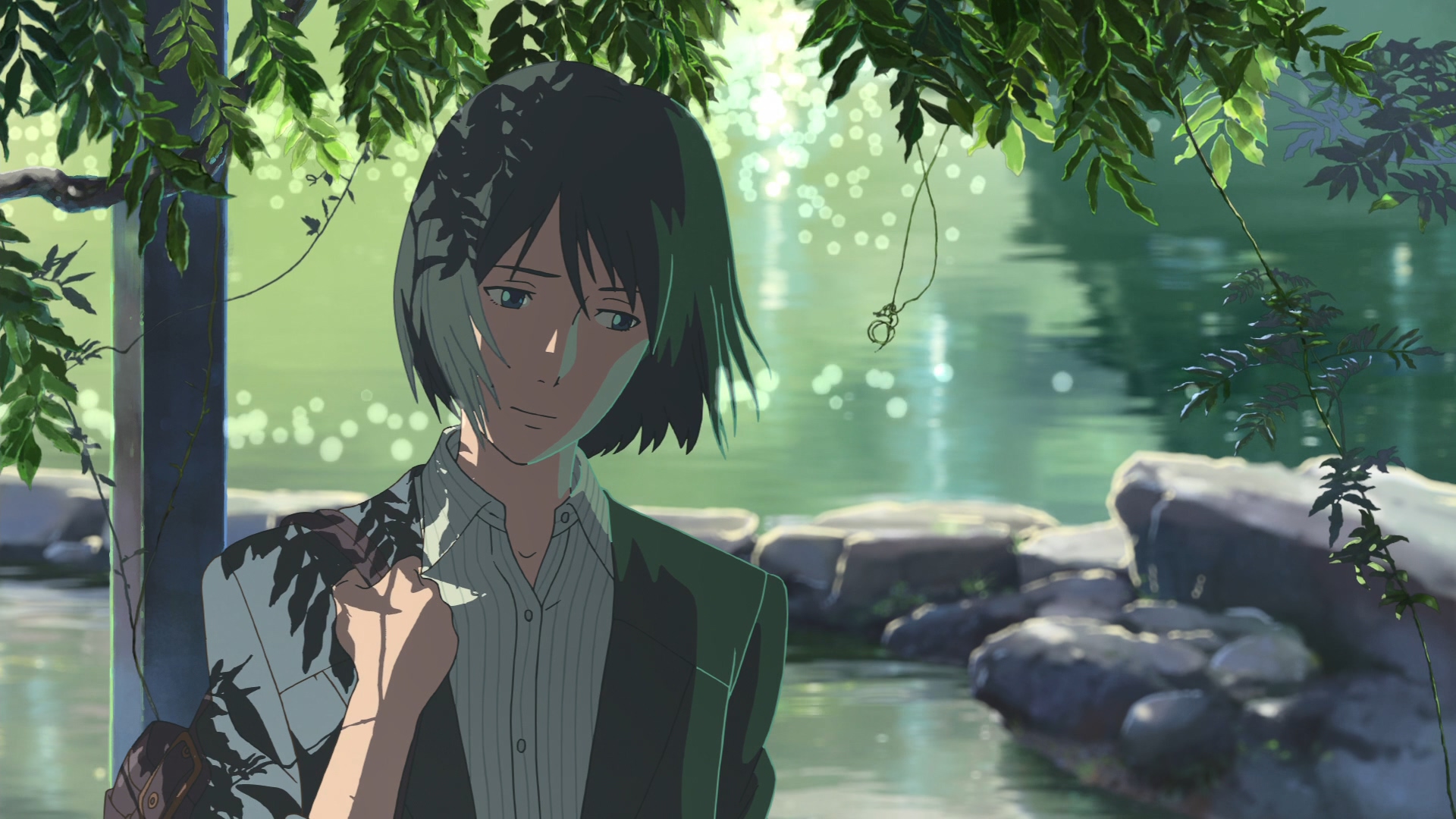 Anime Looking Away Garden Of Words Leaves Anime Boys Water Anime Screenshot Rocks Short Hair 1920x1080