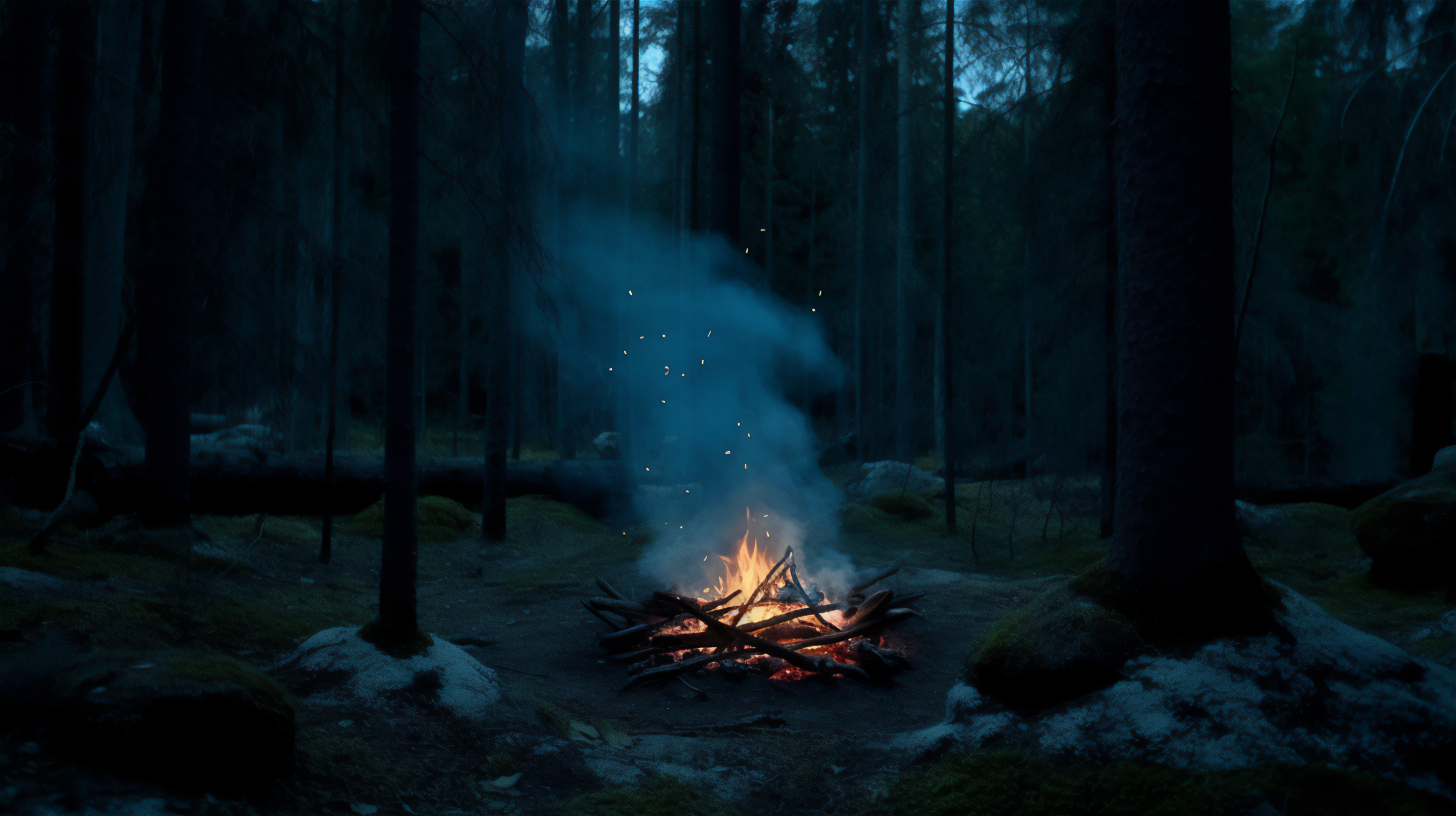 Ai Art Fire Forest Sweden Campfire Smoke Night Trees 2912x1632