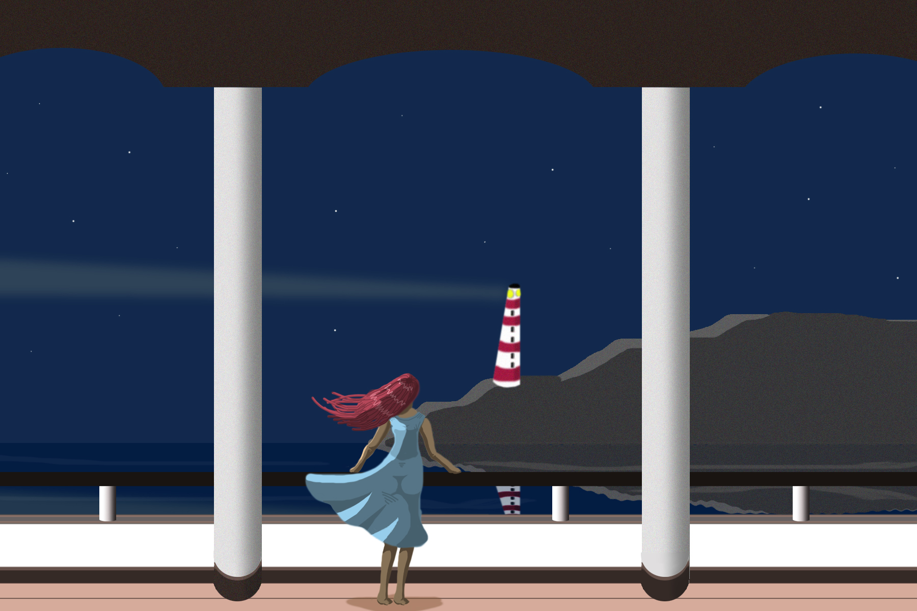 Women Boat Sea Horizon Night Stars Shadow Lighthouse Lights Standing Dress Wind Water Hair Blowing I 1800x1200