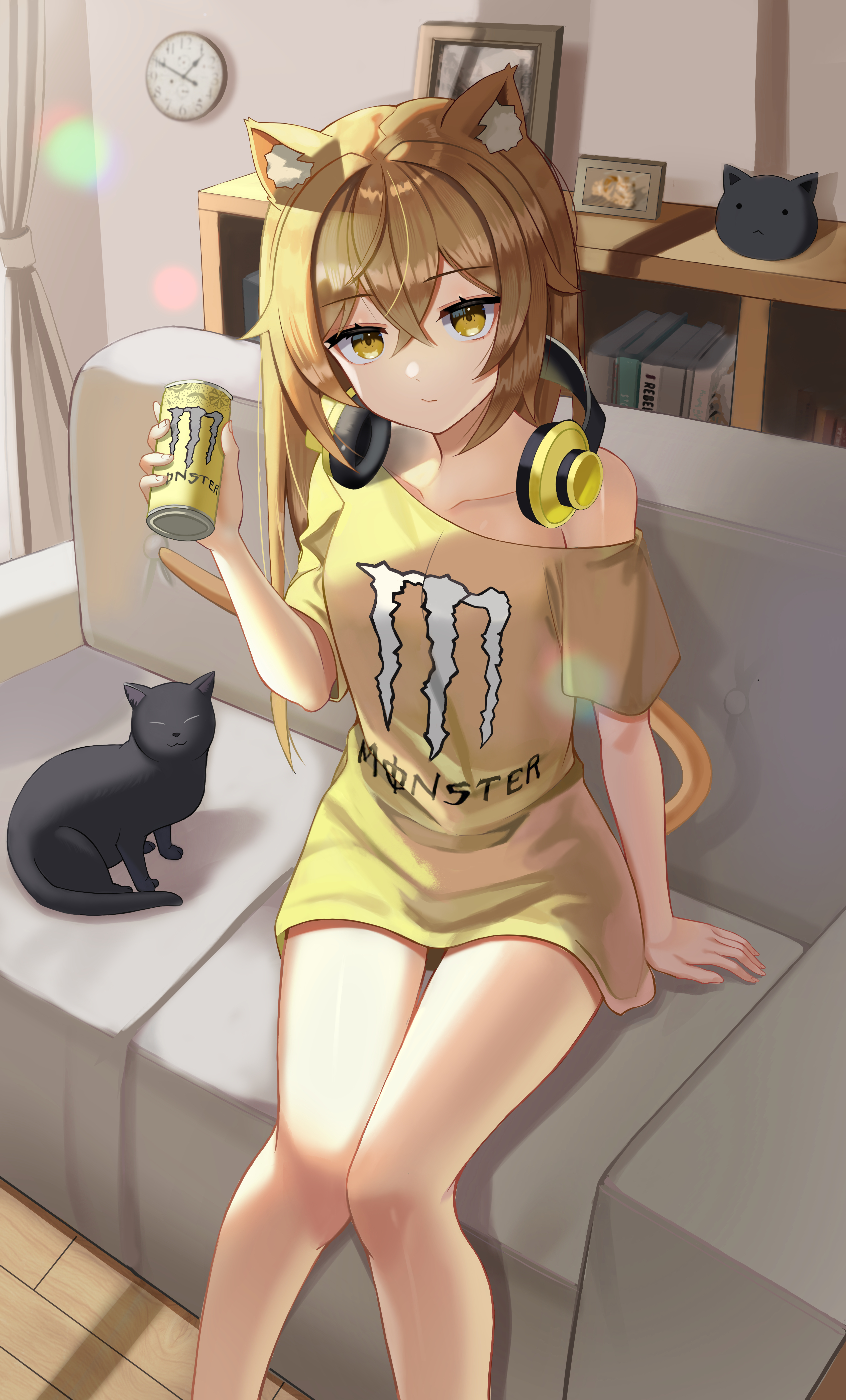 Anime Girls Vertical Monster Energy Cat Girl Headphones Cats Cat Ears Cat Tail 3376x5588