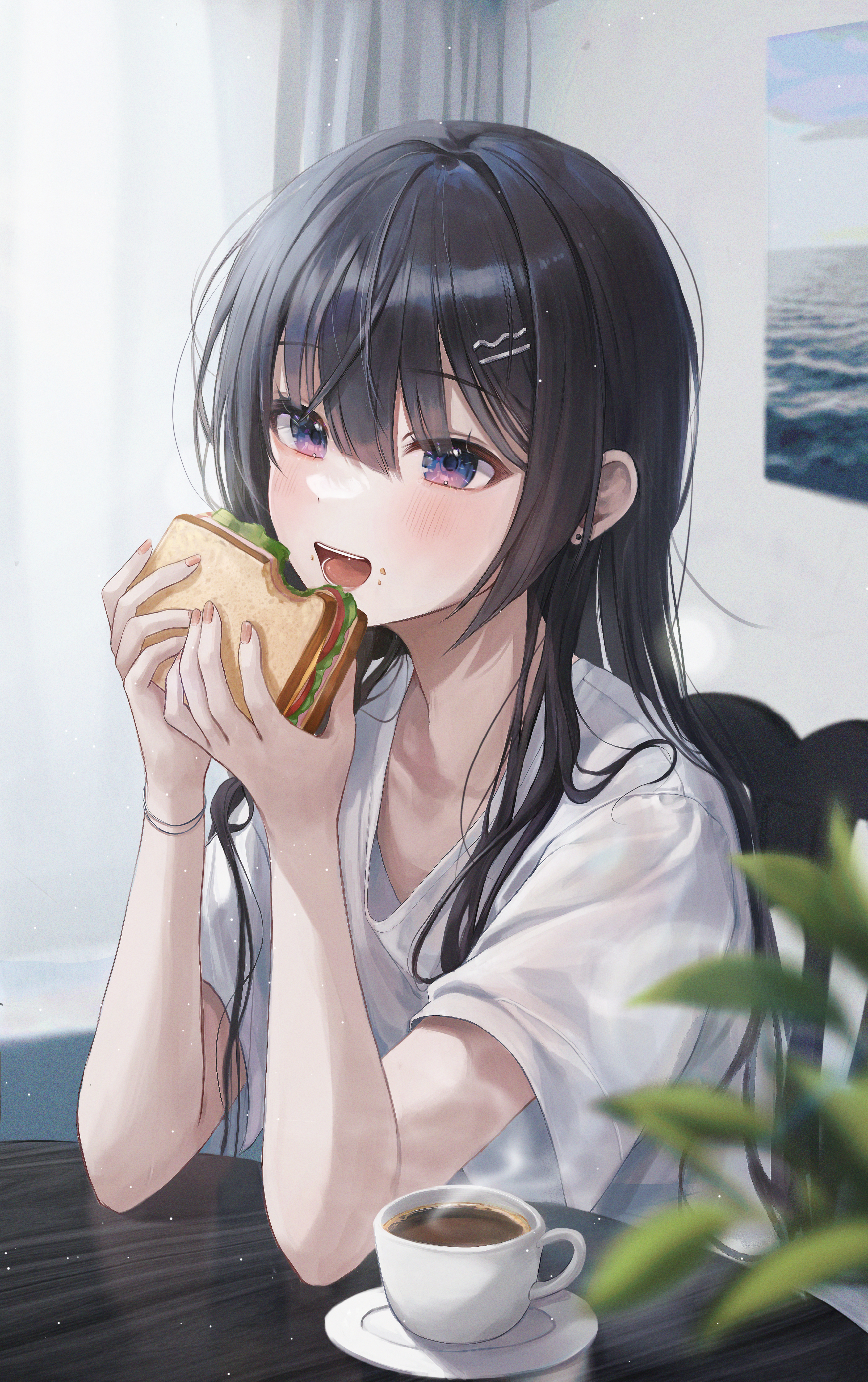 Anime Anime Girls Sandwich Eating Coffee T Shirt Artwork Myowa 2643x4205