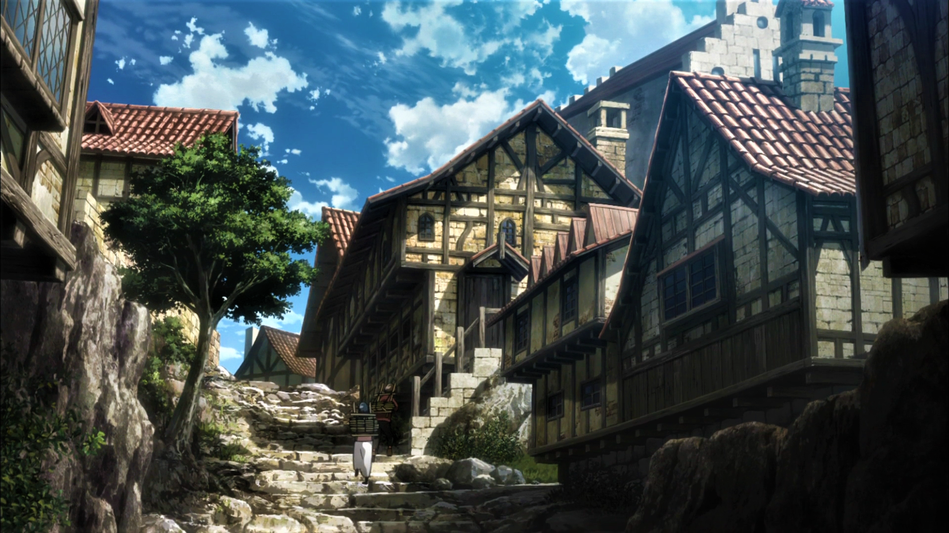 Shingeki No Kyojin Mikasa Ackerman Eren Jeager House Stairs Chimneys Trees Clouds Sky Anime Anime Sc 1920x1078