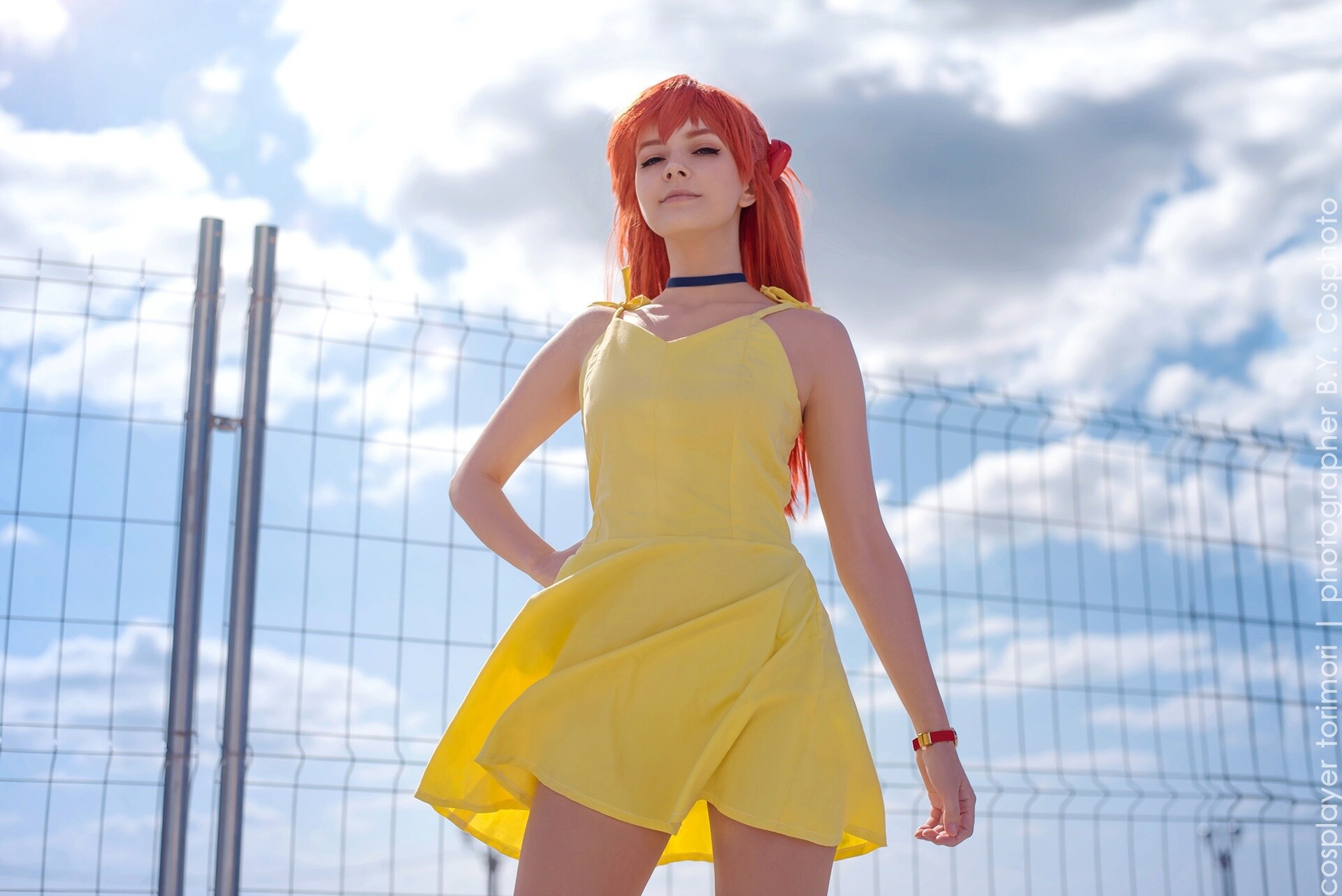 Women Dress Yellow Dress Hands Choker Cosplay Asuka Langley Soryu Neon Genesis Evangelion Redhead 1920x1282