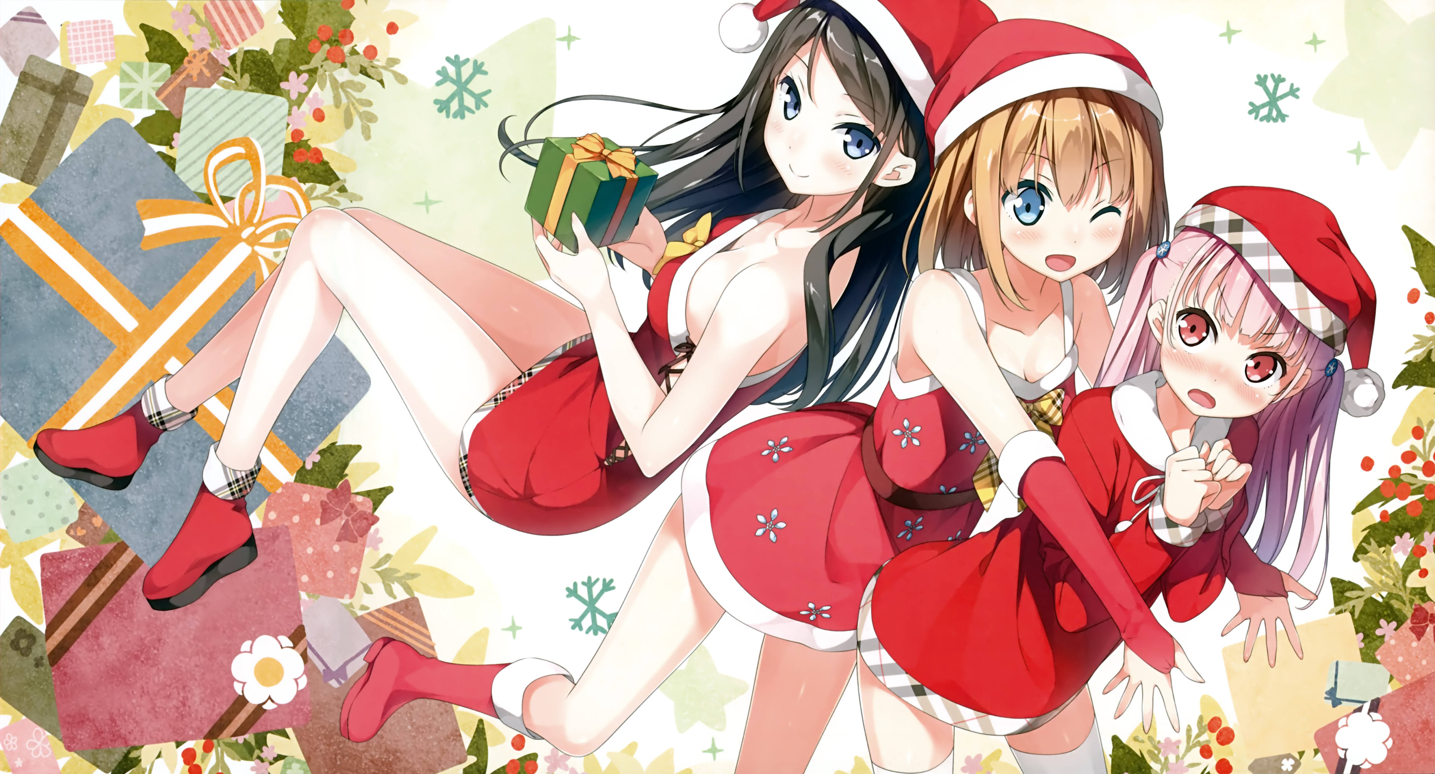 Christmas Christmas Clothes Christmas Presents Santa Hats One Eye Closed Blushing Santa Girl Anime G 4593x2478