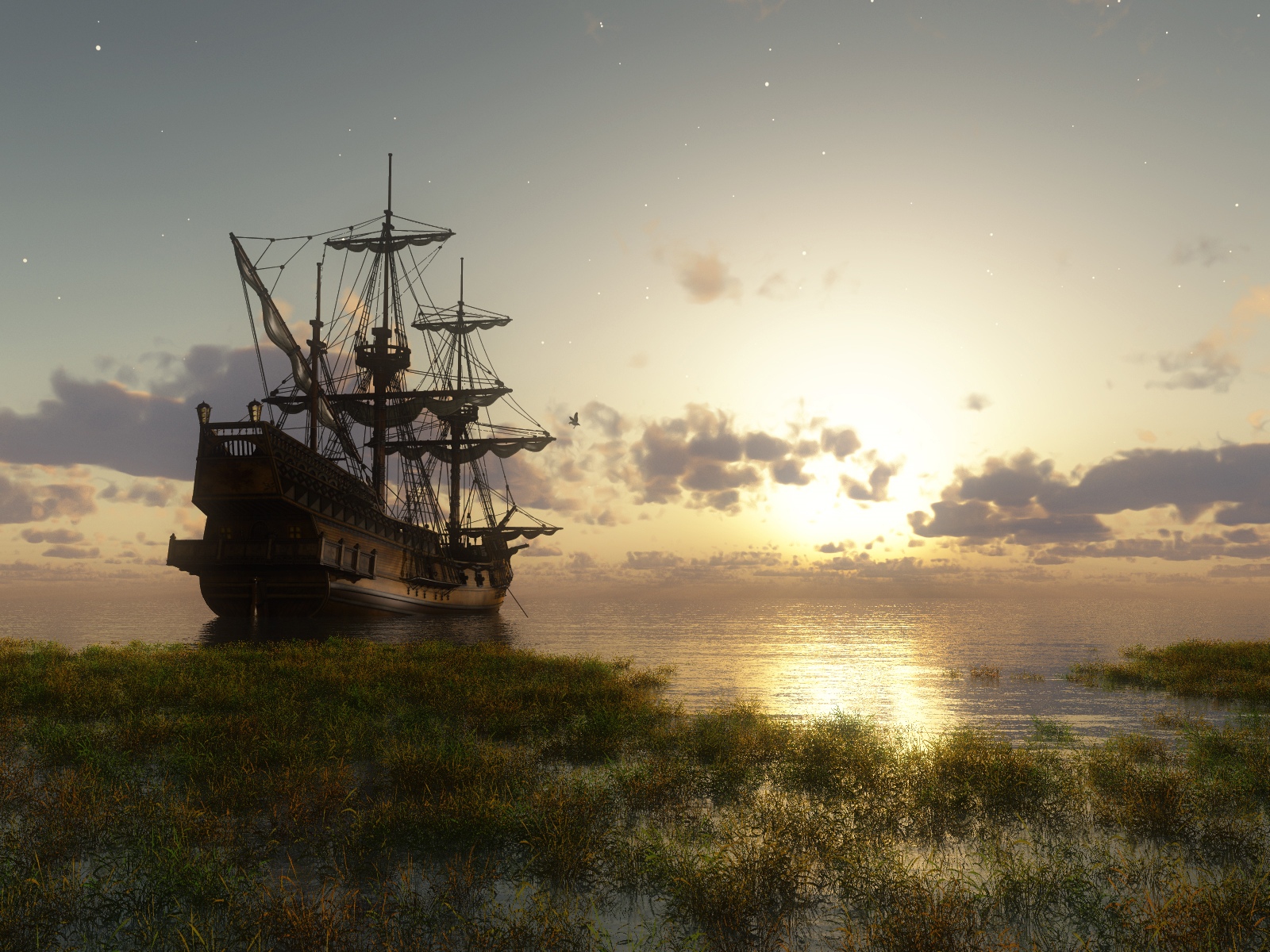 Fantasy Ship Sea Clouds Sky Sunset Sunset Glow Water Ship Grass 1600x1200