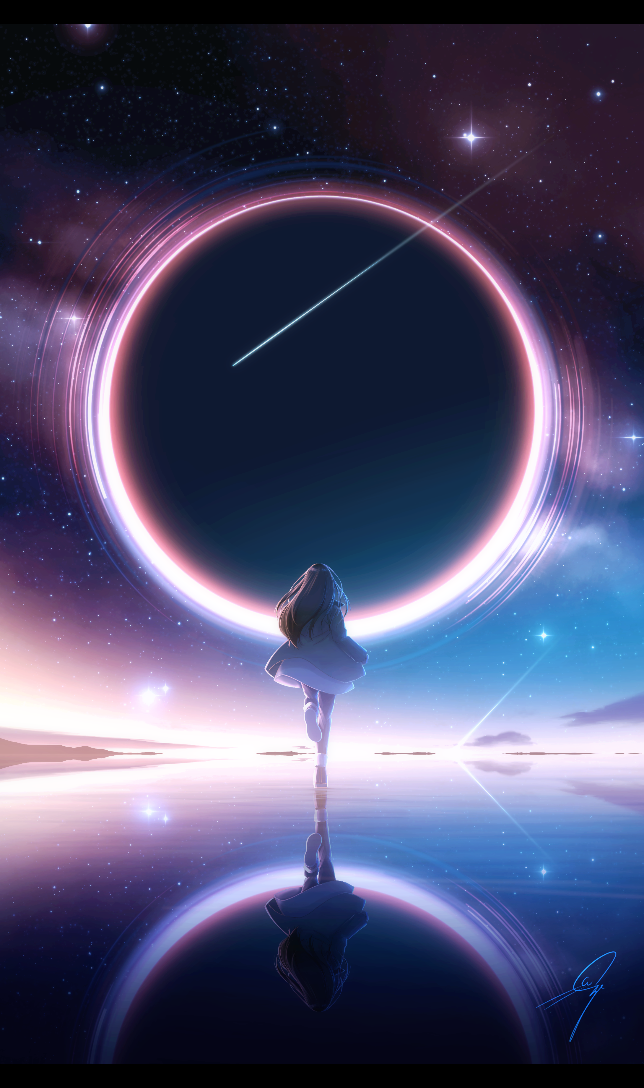 Anime Anime Girls Artwork Black Holes Stars Water Reflection Starry Night Shooting Stars 2180x3680