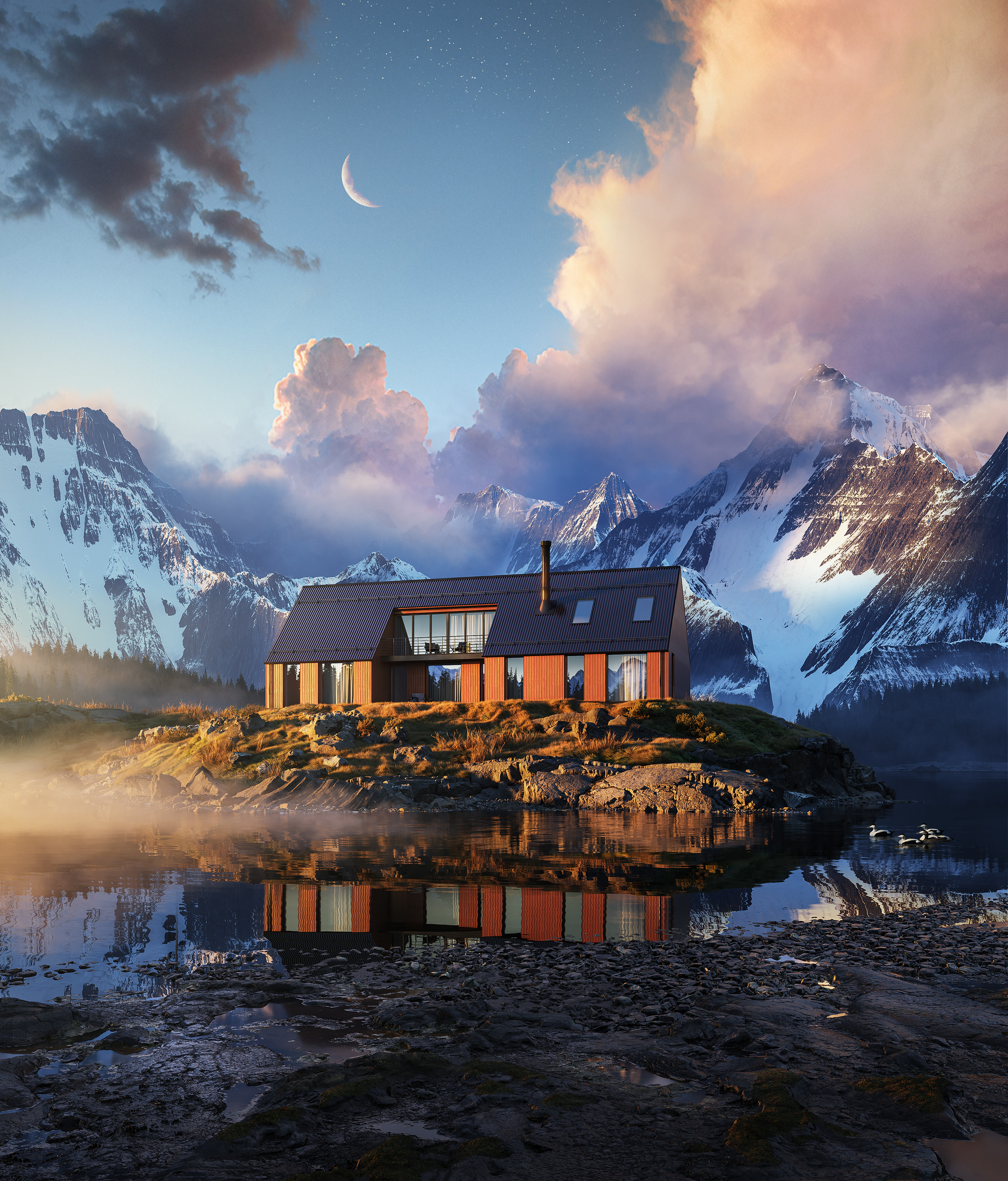 Norway Europe Digital Art Artwork Nature Landscape Mountains Snow Lake House Reflection Moon CGi 2800x3280
