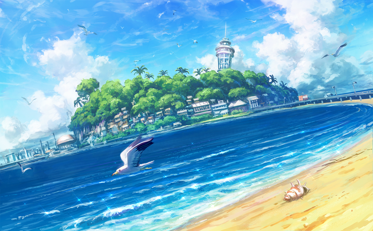 Shiki Makoto Beach Outdoors Seagulls Seashells Palm Trees Water Clouds Sky Birds Waves Road Sea Anim 1290x800