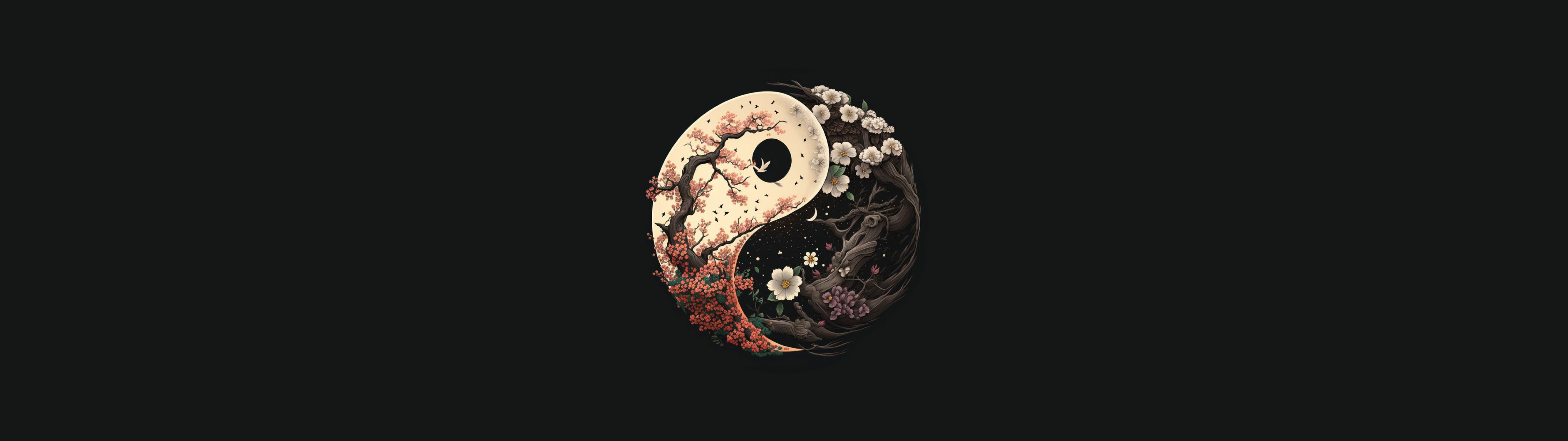 Nature Flowers Cherry Blossom Yin And Yang Trees Simple Background Black Background Minimalism Logo  5120x1440