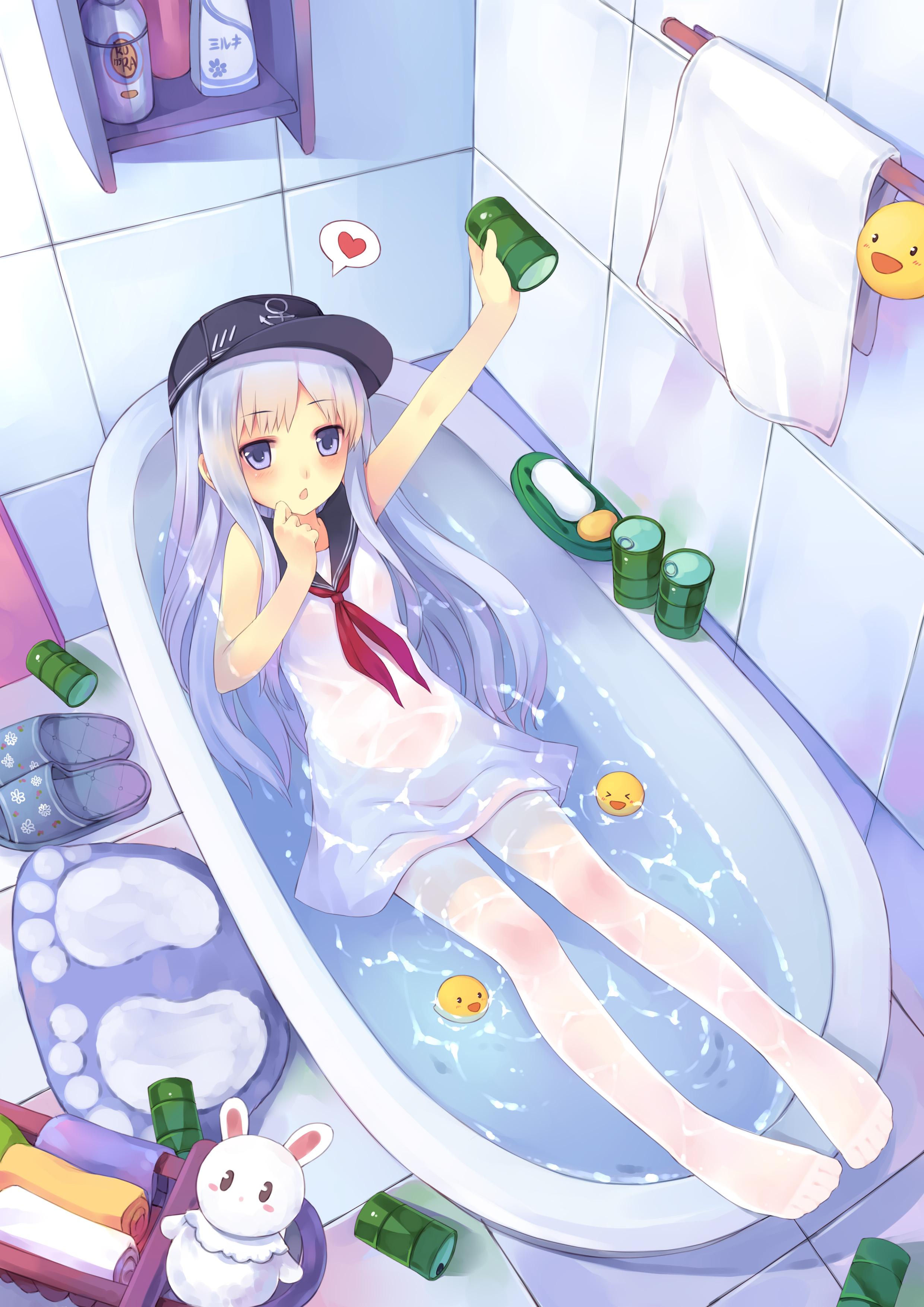 Socks Vertical Anime Girls Bathtub Water In Water Wet Hat Heart Towel Rubber Ducks 2480x3507