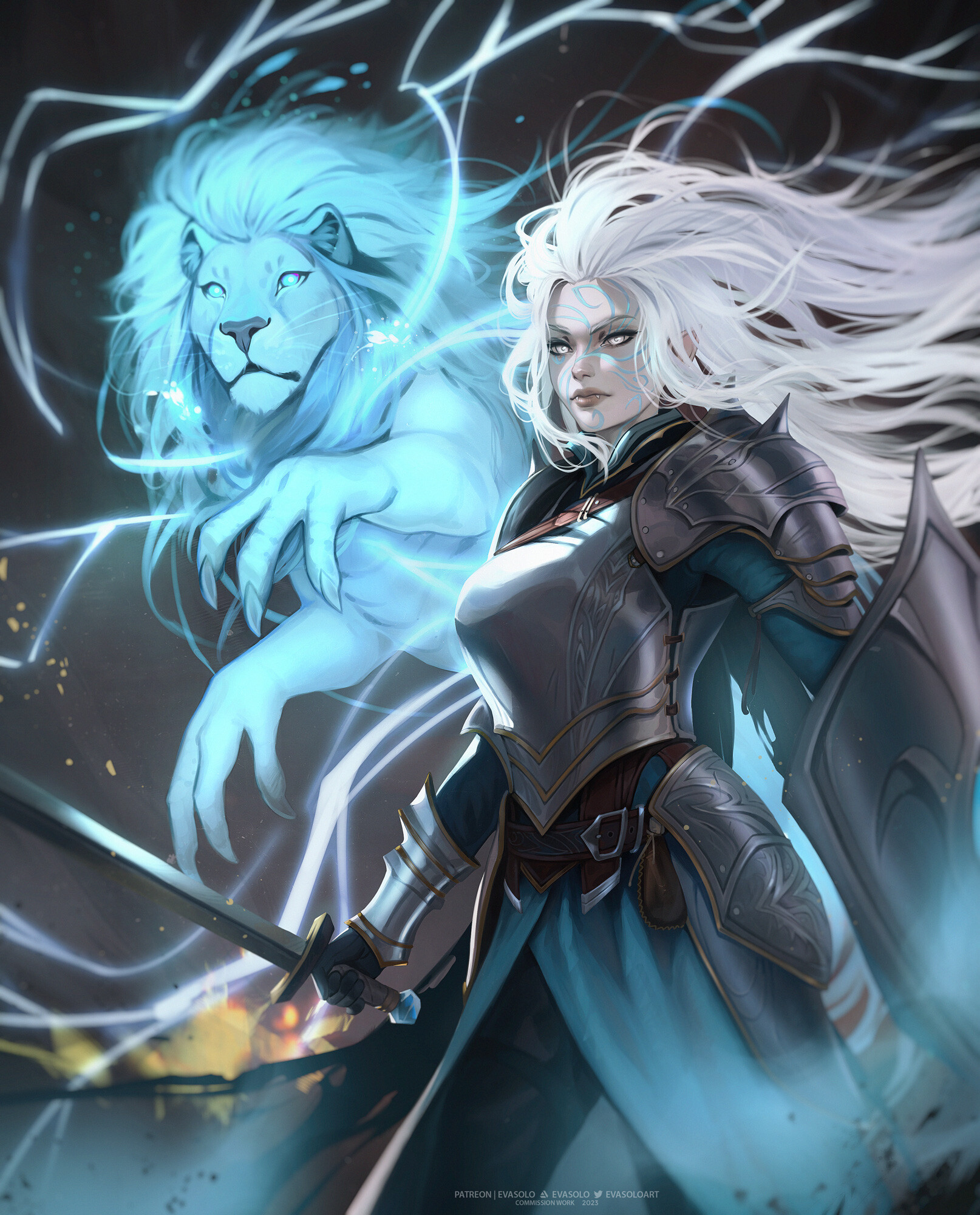 Eva Solo Drawing Women Silver Hair Warrior Lion Magic Shield Armor Vertical Looking At Viewer Long H 1614x2000