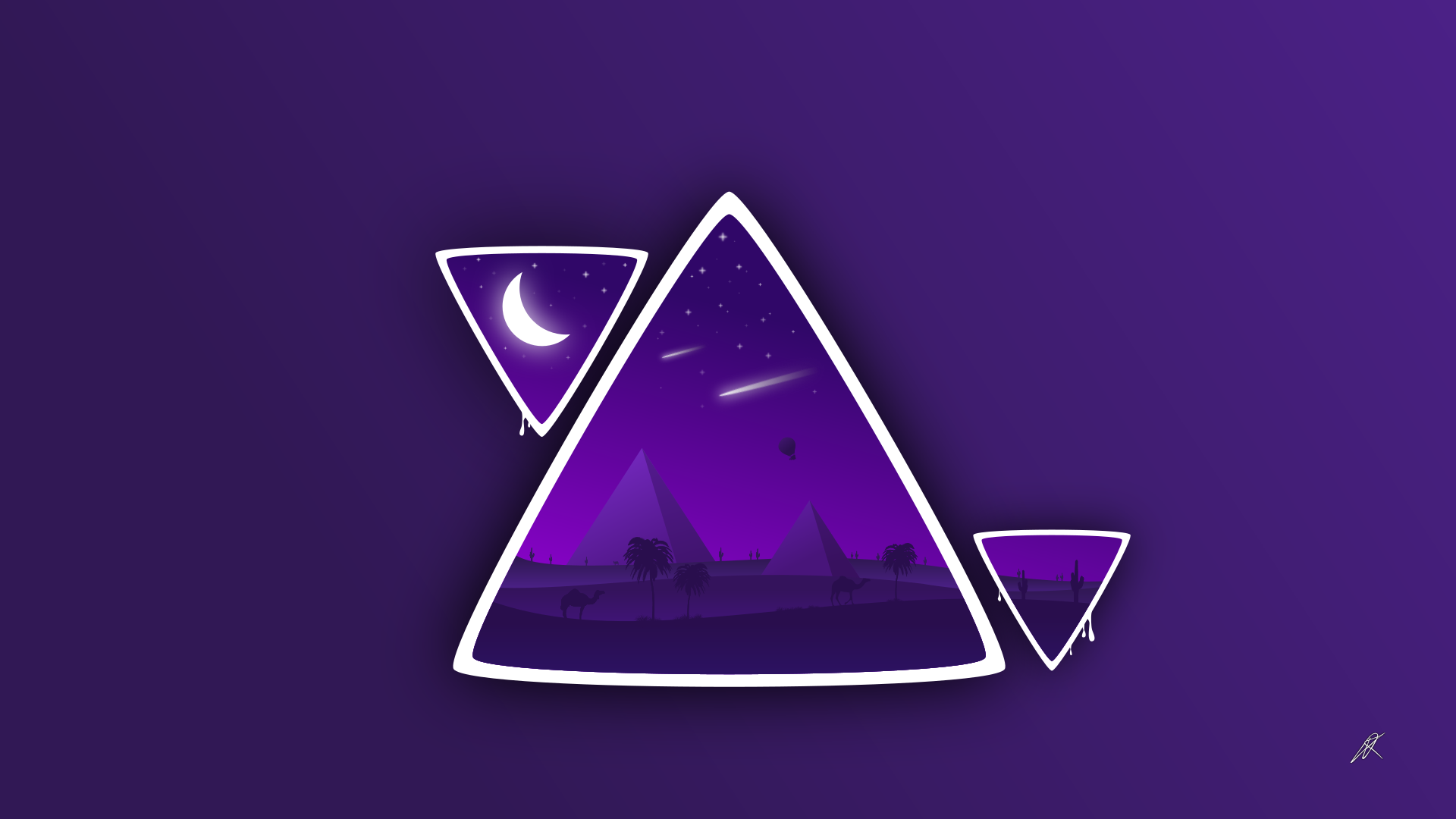 Desert Night Vector Camels Pyramid Illustration Simple Background Purple Background 1920x1080