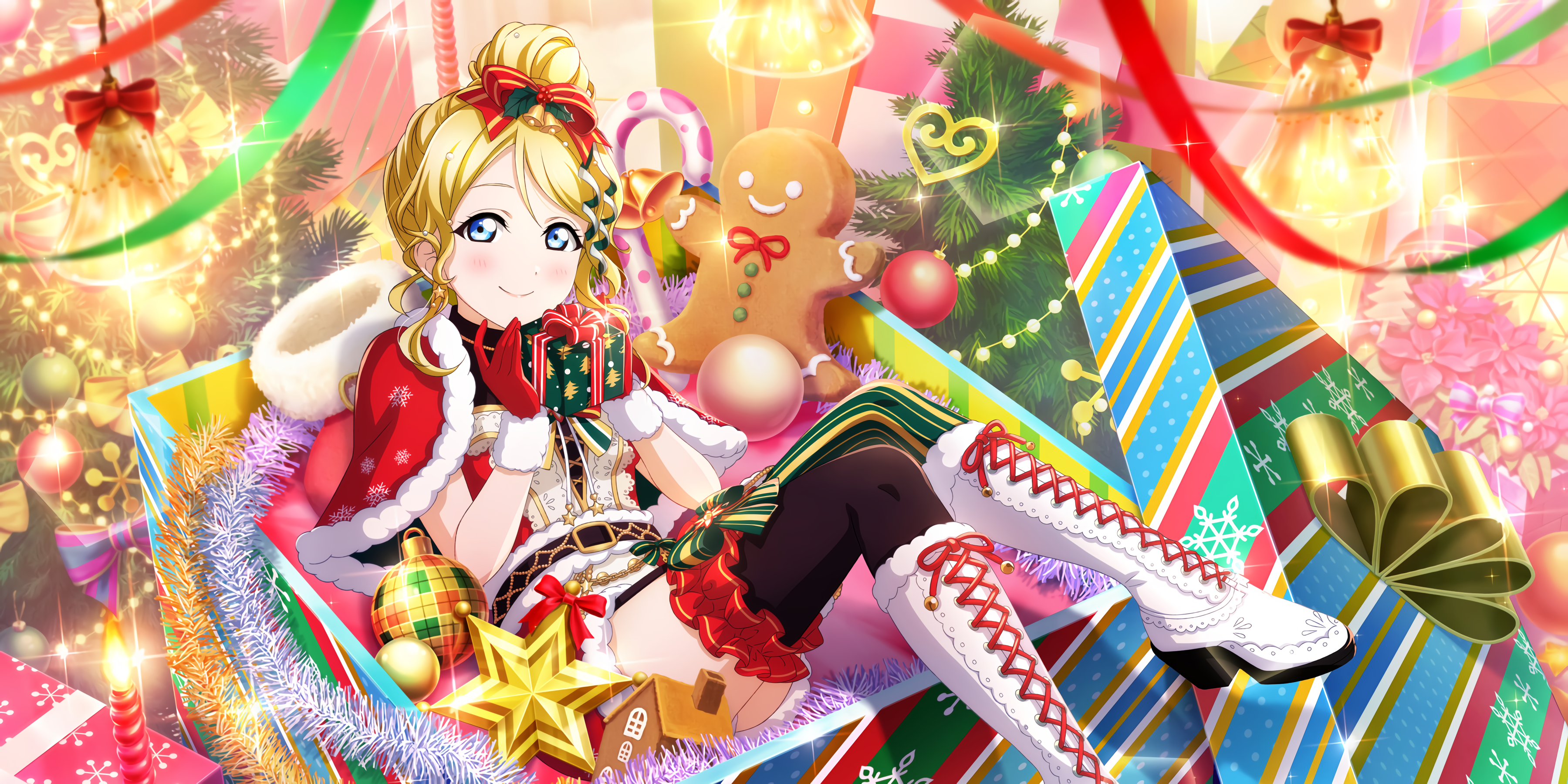Ayase Eli Love Live Anime Girls Christmas Christmas Clothes Christmas Tree Christmas Ornaments Chris 3600x1800
