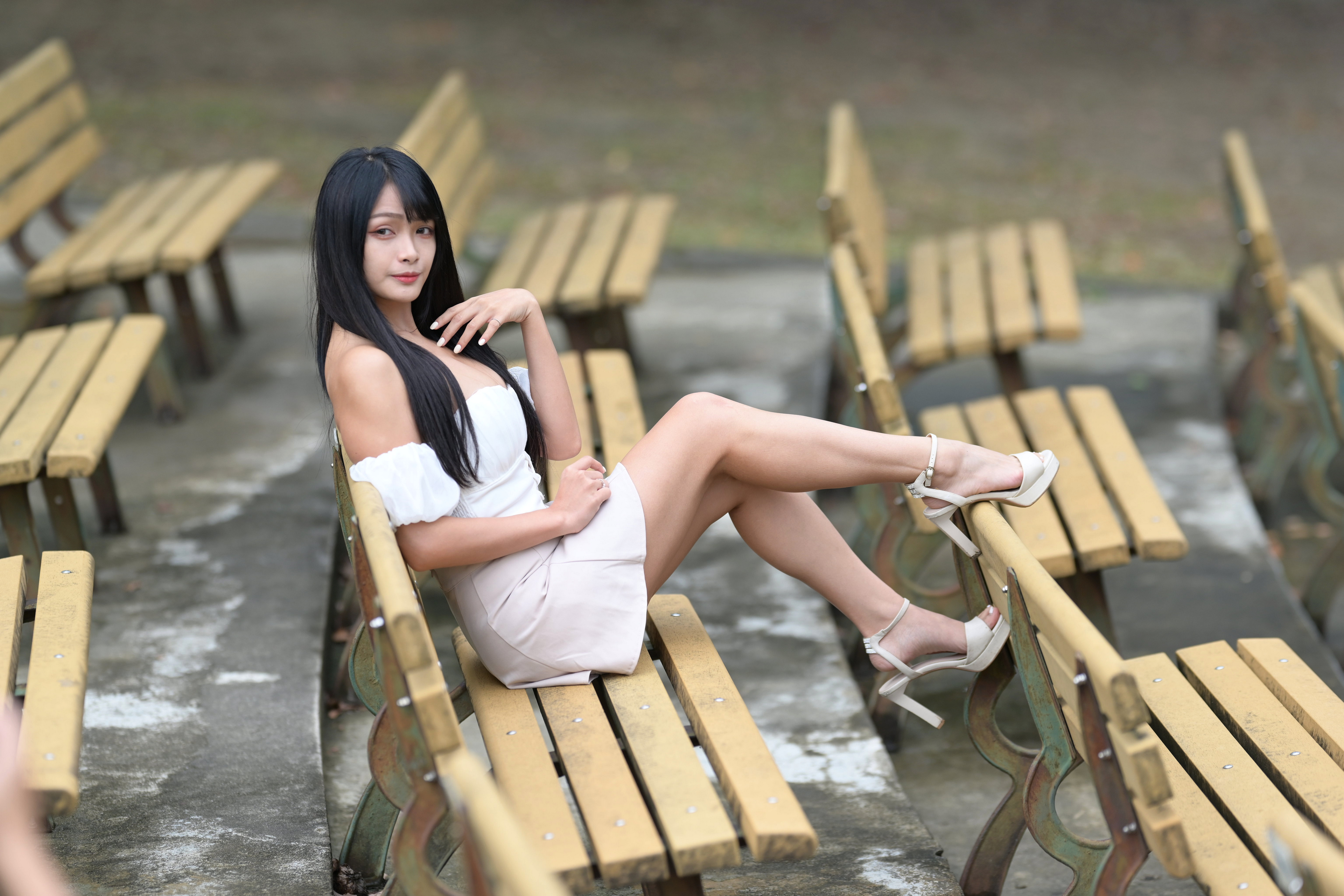Asian Model Women Long Hair Dark Hair Barefoot Sandal Bench Sitting 3840x2560