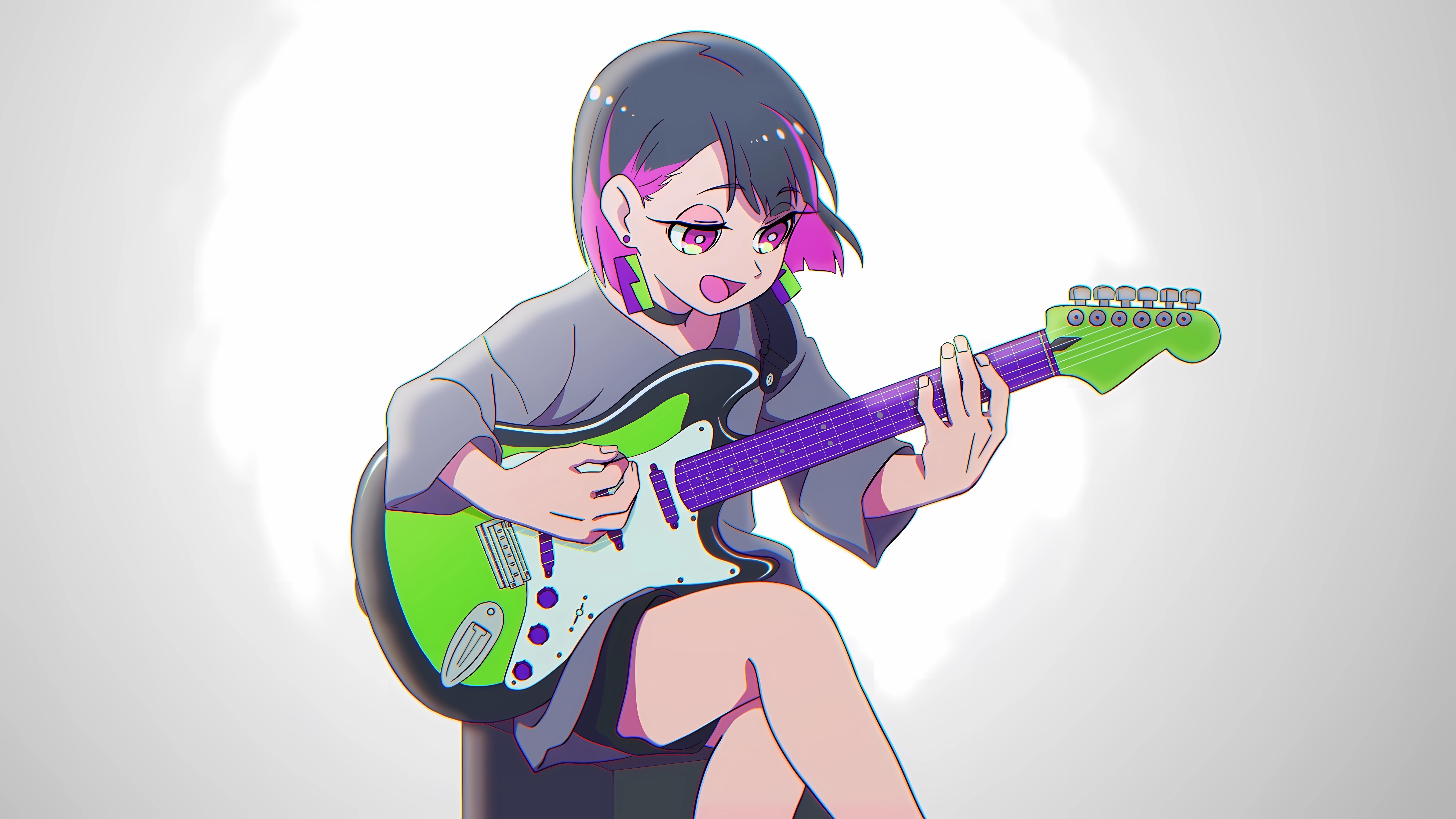 Anime Girls Musician Legs Crossed Minimalism Two Tone Hair Guitar Musical Instrument White Backgroun 7680x4320