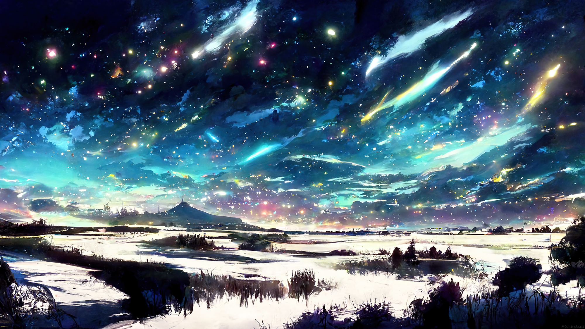 Uomi Starry Night Colorful Lights Sky Stars Night Snow Landscape Ai Art 2000x1125