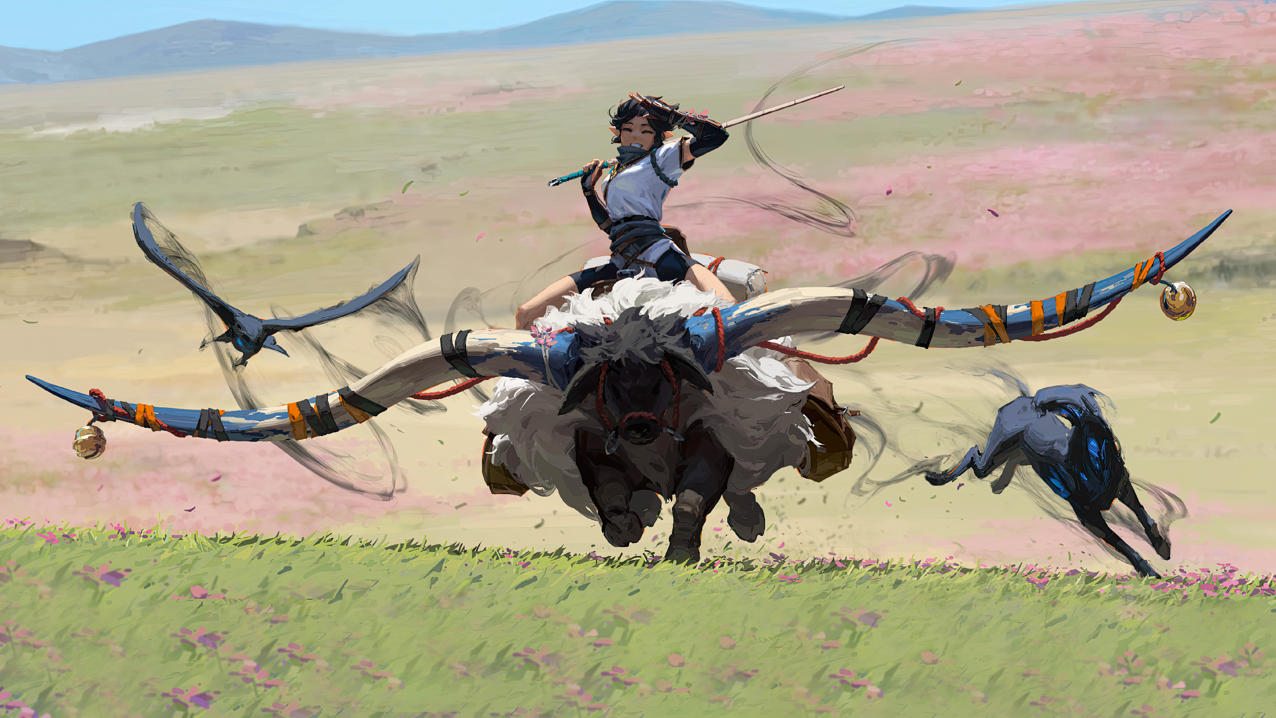 Artwork Digital Art Fantasy Art Fantasy Girl Animals Kan Liu Elves Buffalo Plains 2560x1440
