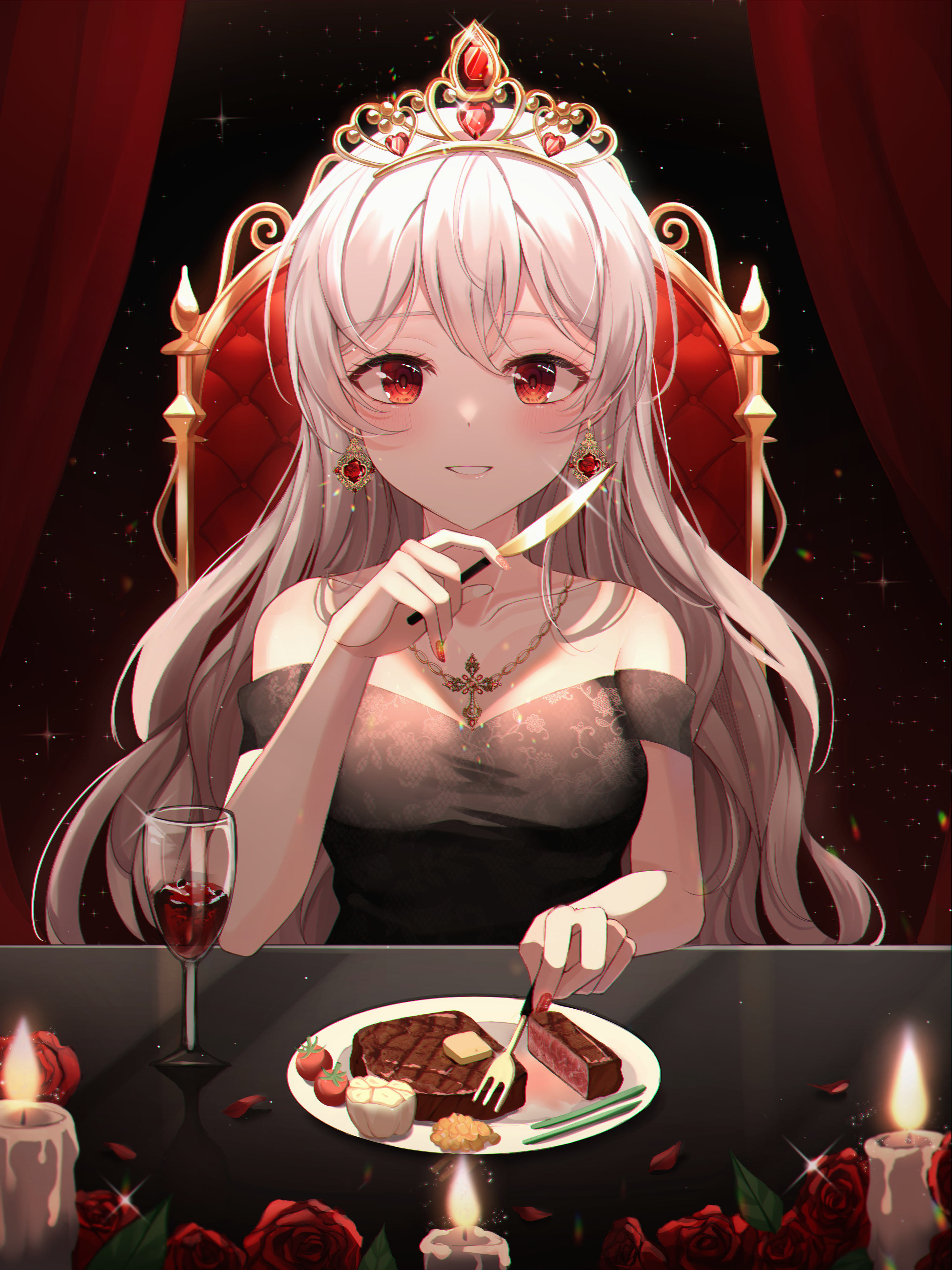 Anime Anime Girls Red Eyes Food Eating Knife Fork Tiaras Earring White Hair Candles Rose Flowers Pet 3000x4000