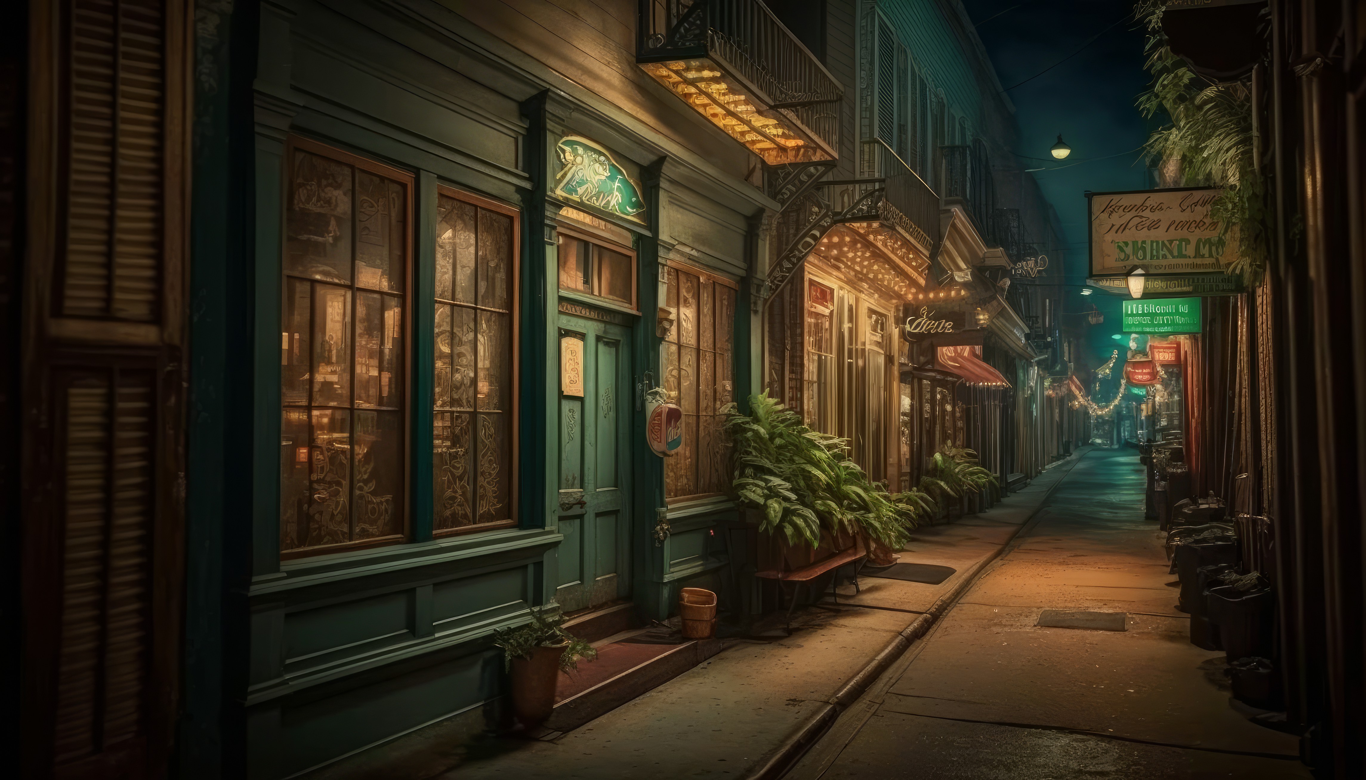 Ai Art City Alleyway New Orleans Night Architecture Building Street Light Plants 4579x2616