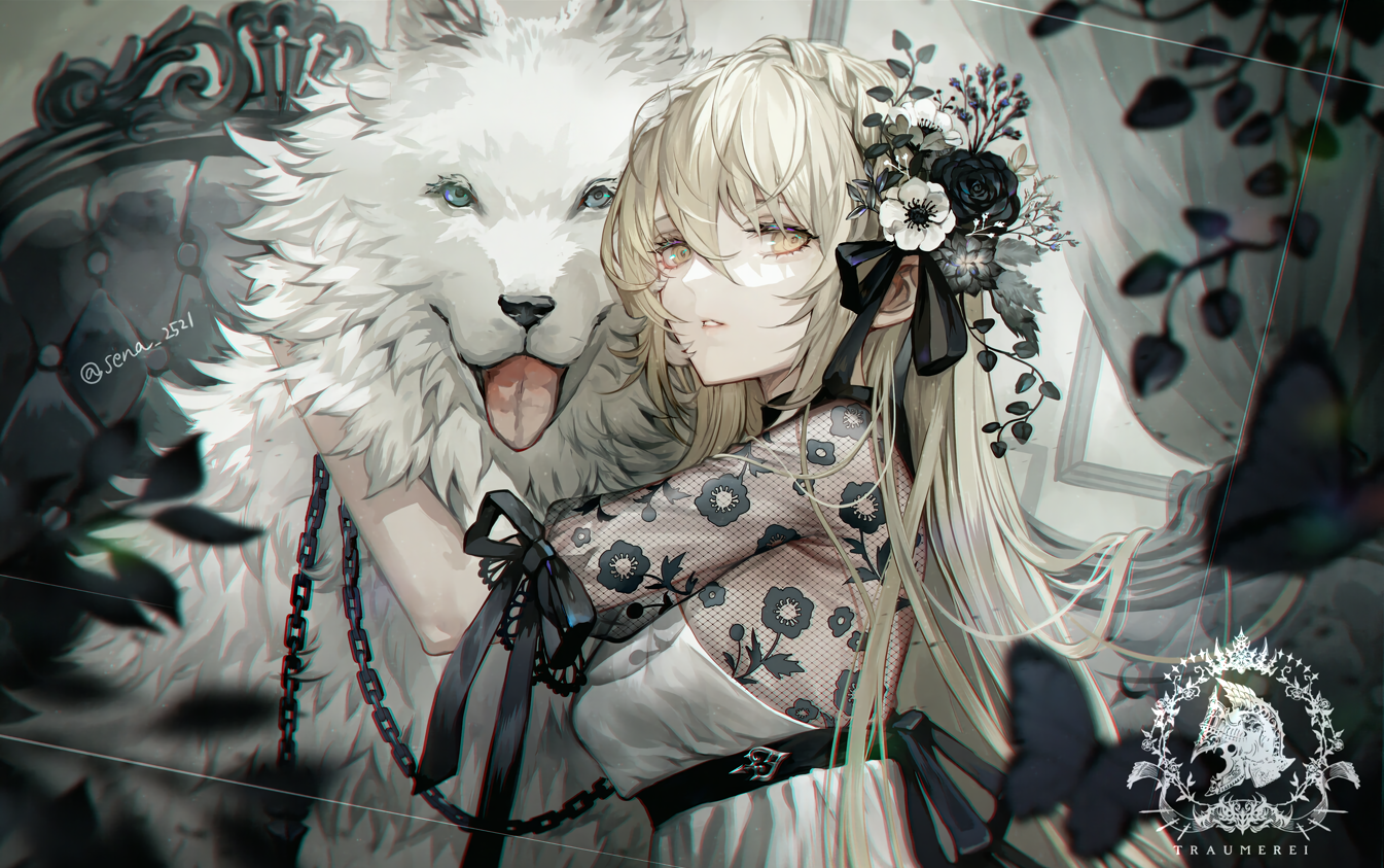 Anime Anime Girls Dog Watermarked Animals Long Hair Chains Looking At Viewer Blonde Yellow Eyes Leav 1345x843
