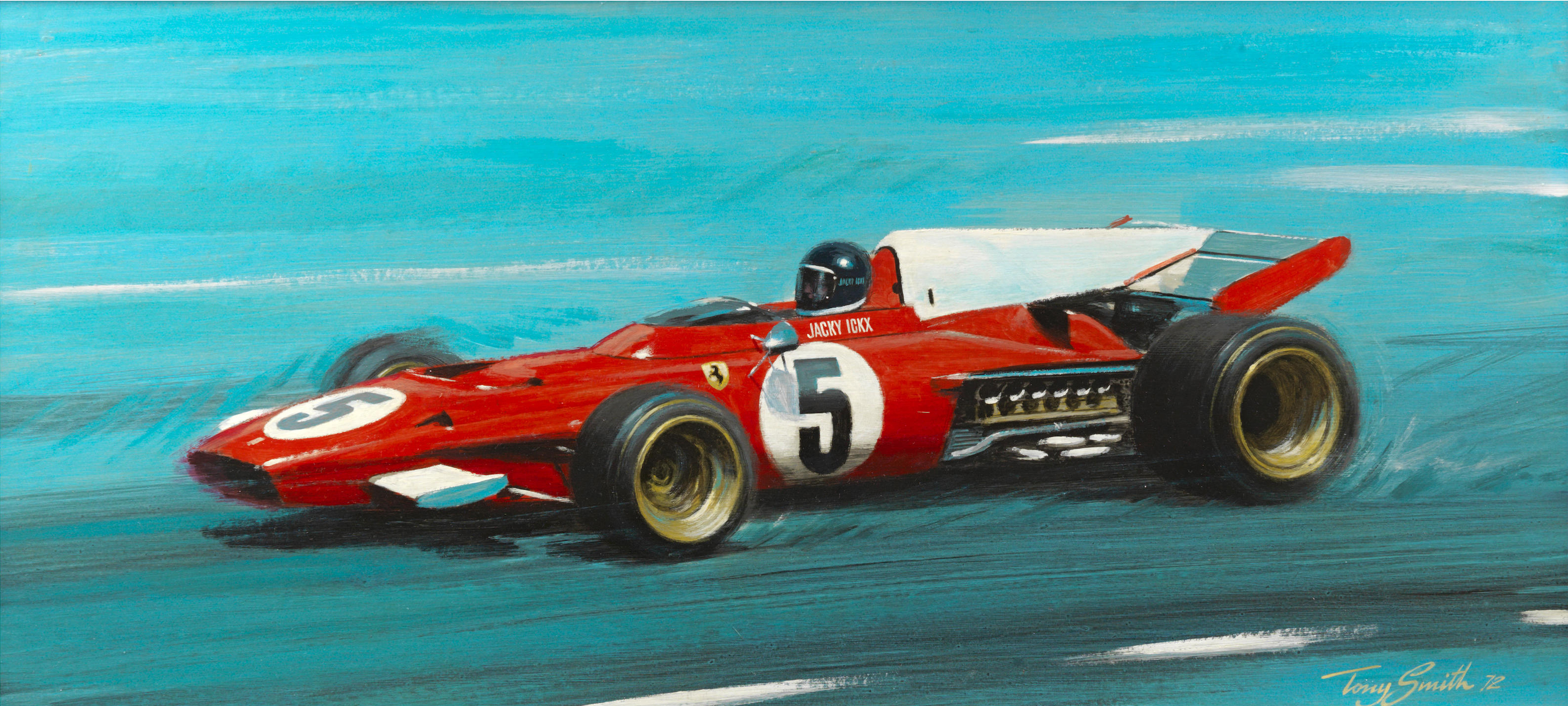 Formula Cars Jacky Ickx 1972 Ferrari 312B2 Artwork Tony Smith Ferrari Race Cars Red Cars Oil Paintin 3168x1426