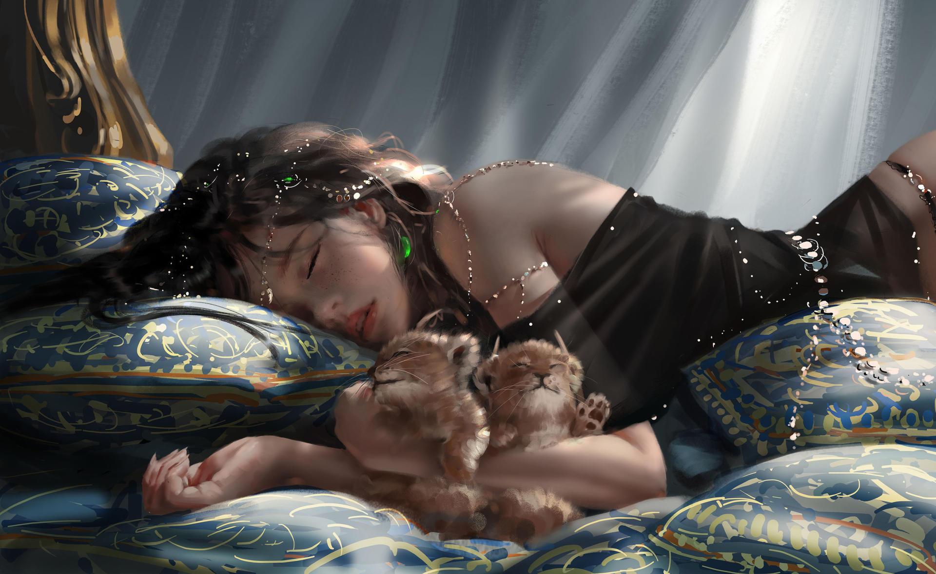 Ghostblade WLOP Baby Animals Cropped Fantasy Girl Fantasy Art Lying On Side Closed Eyes Sleeping Jew 1920x1178