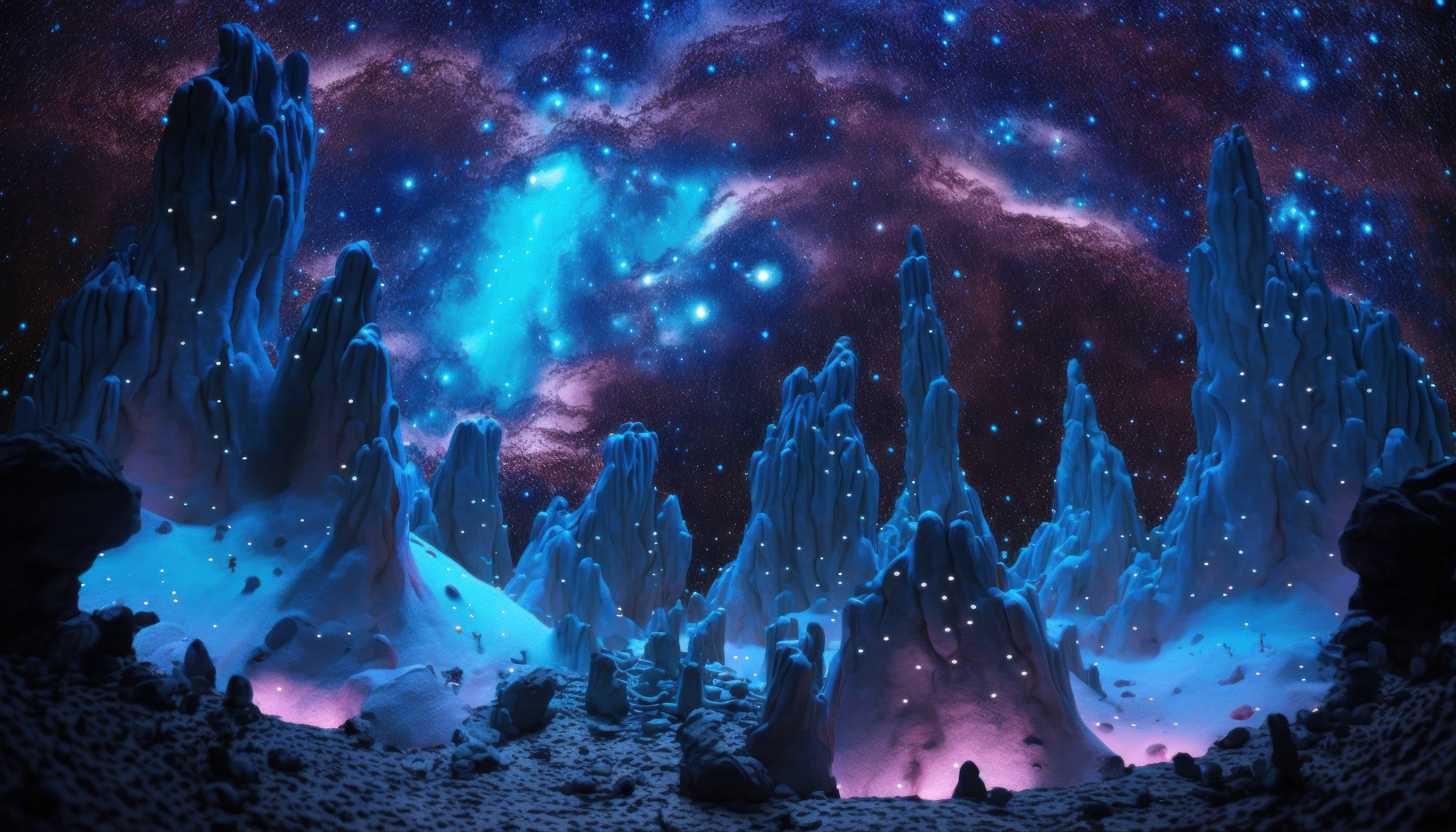 Ai Art Illustration Surreal Nebula Space Stars Blue Rock Formation Planet Science Fiction Psychedeli 4579x2616
