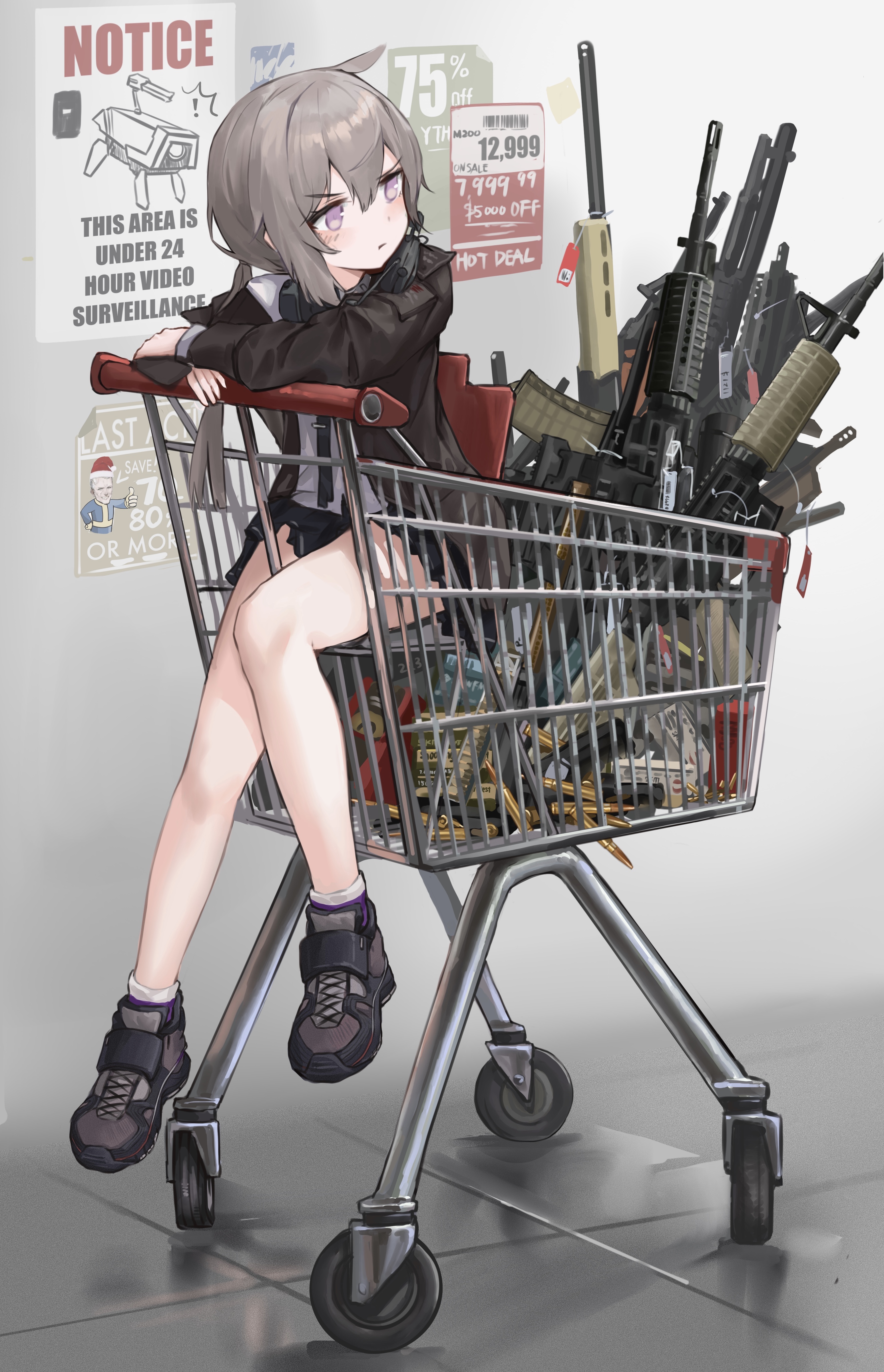 Shopping Sitting Gun Weapon Shopping Cart Anime Girls 3096x4803