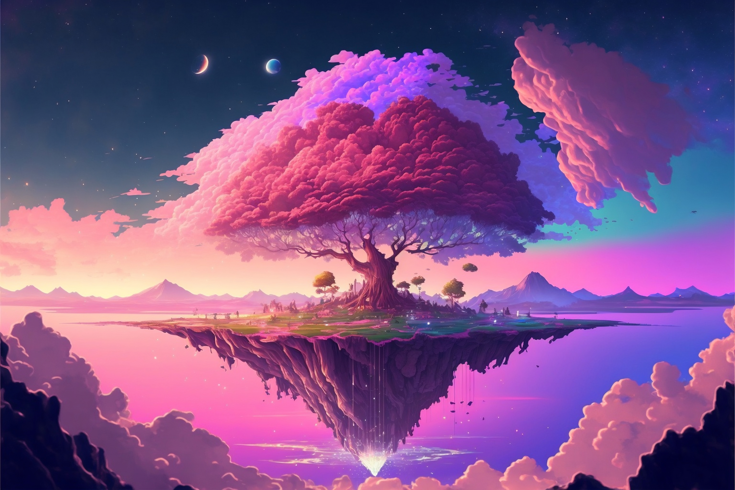 Landscape Trees Island Floating Island Pink Color Digital Art Artwork Ai Art Moon Sky Clouds Pink Cl 3072x2048