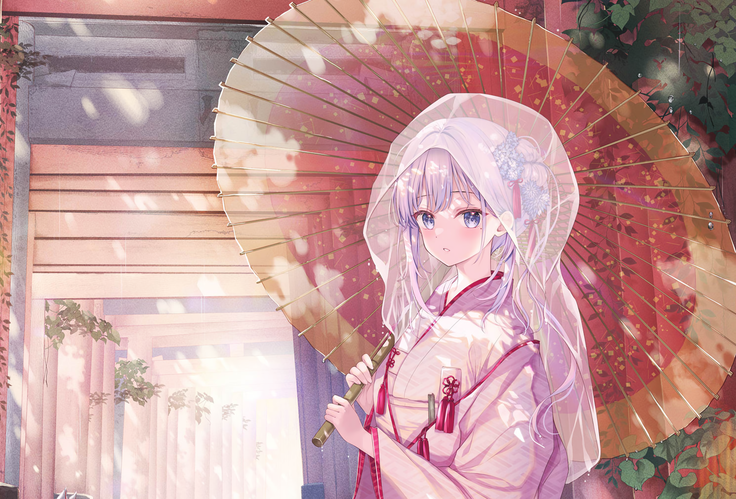 Anime Anime Girls Umbrella Looking At Viewer Kimono Sunlight Torii Leaves Moles Mole Under Eye Blush 1490x1010