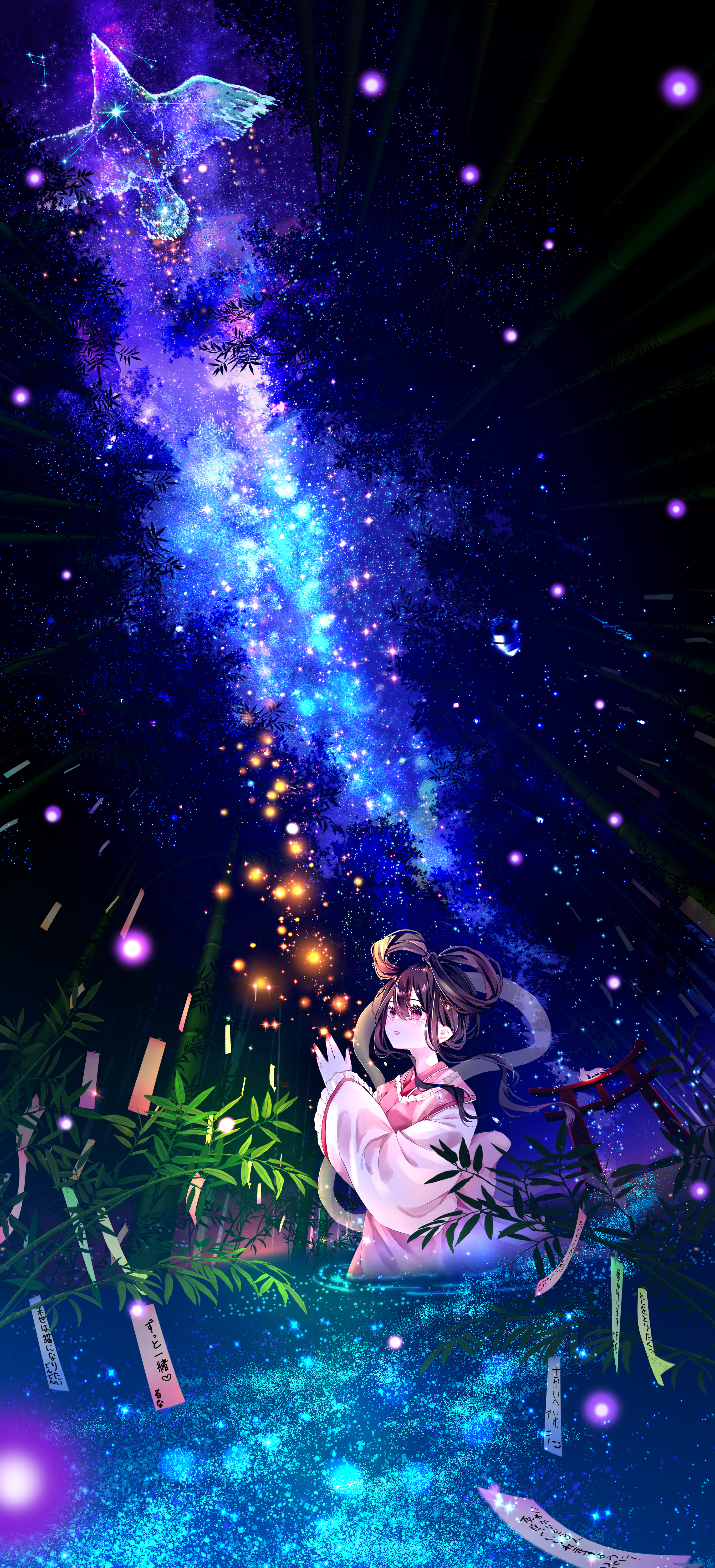 Makoron117 Vertical Anime Girls Long Hair Dark Hair Nebula Standing In Water Water Forest Asian Clot 3000x6583