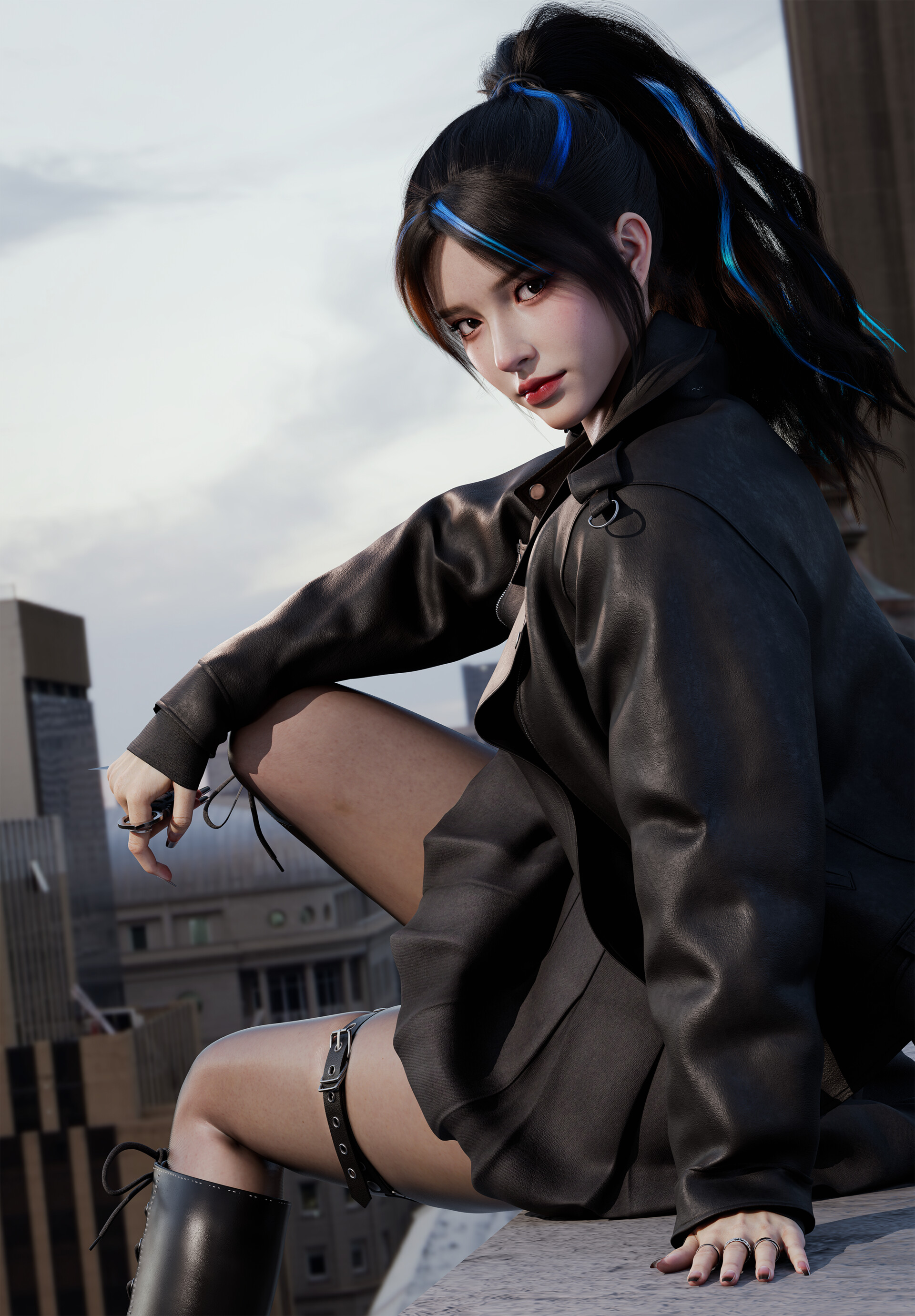 Shuai Liu CGi Women Dark Hair Looking At Viewer Jacket Black Clothing Rooftops 3D 1920x2762