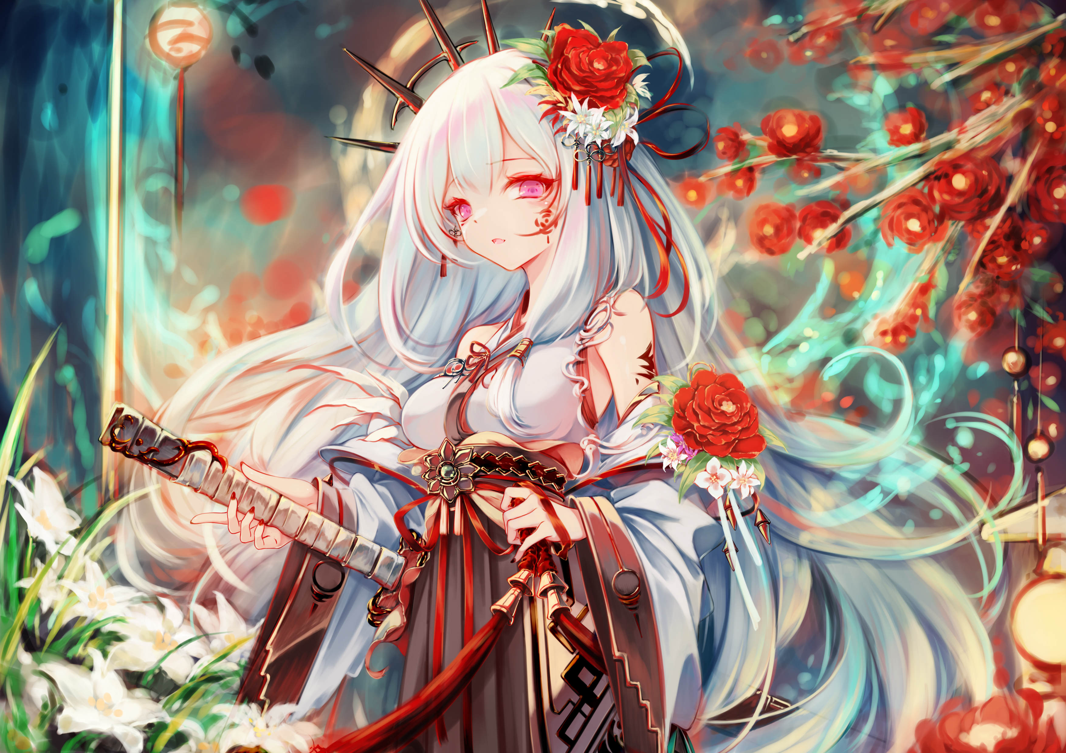Anime Anime Girls Sword Long Hair Flowers Flower In Hair Looking At Viewer Weapon 3508x2480