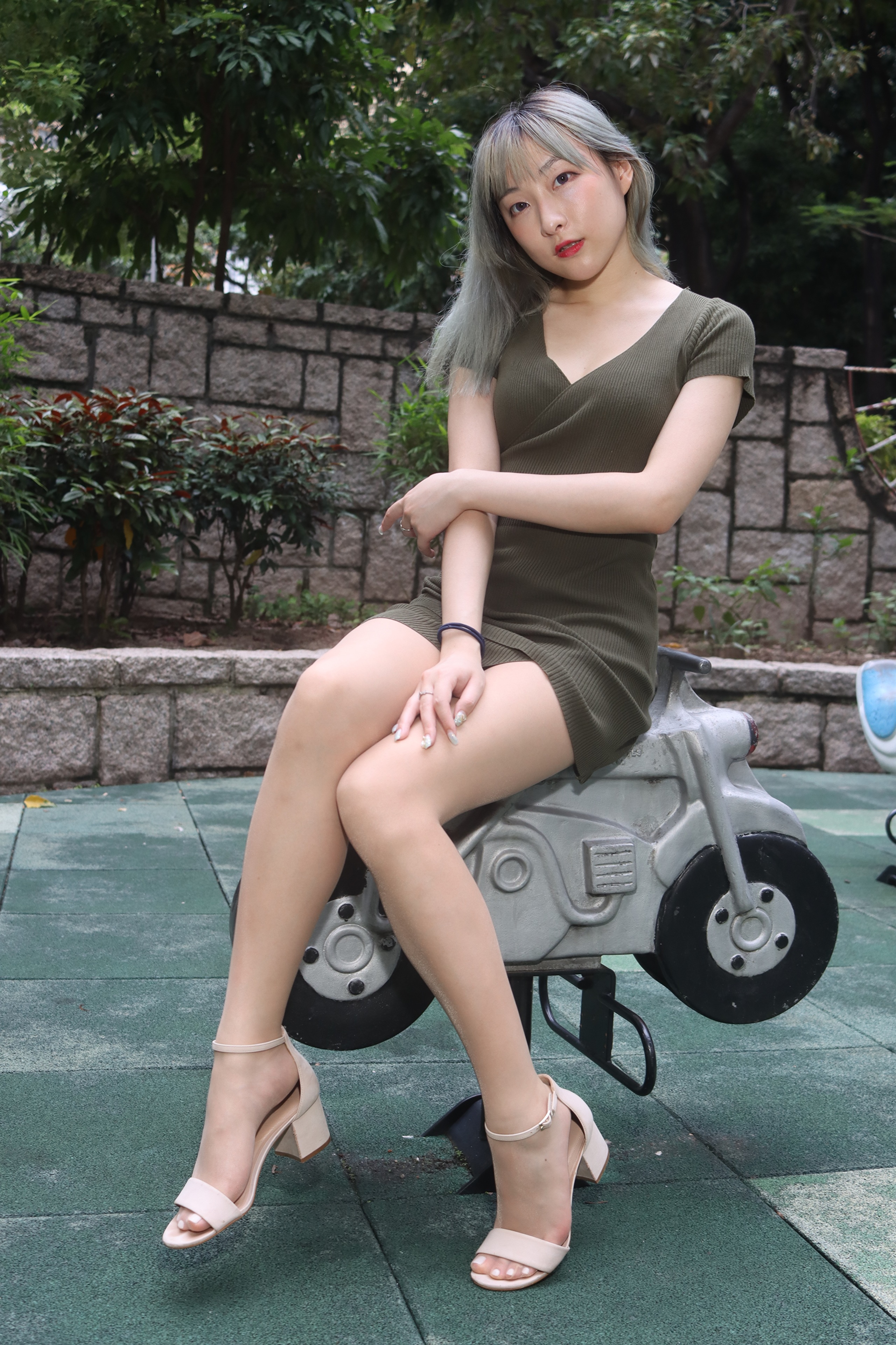 Asian Model Women Long Hair Playground Sitting Dyed Hair Bushes Trees White Shoes Bracelets Wall 2560x3840