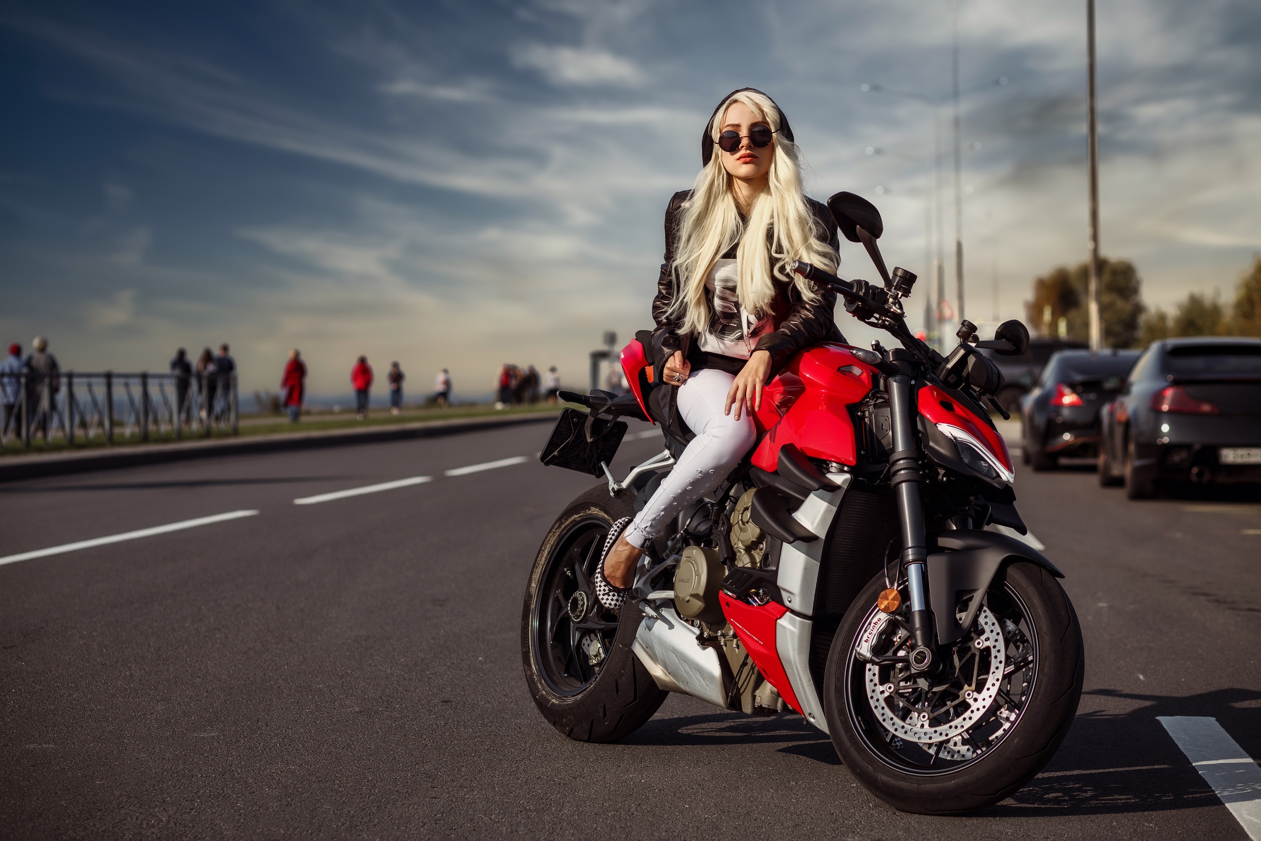 Women Outdoors Road Motorcycle Car Black Cars Sky Clouds Women Model Blonde Women With Glasses Pants 2560x1707