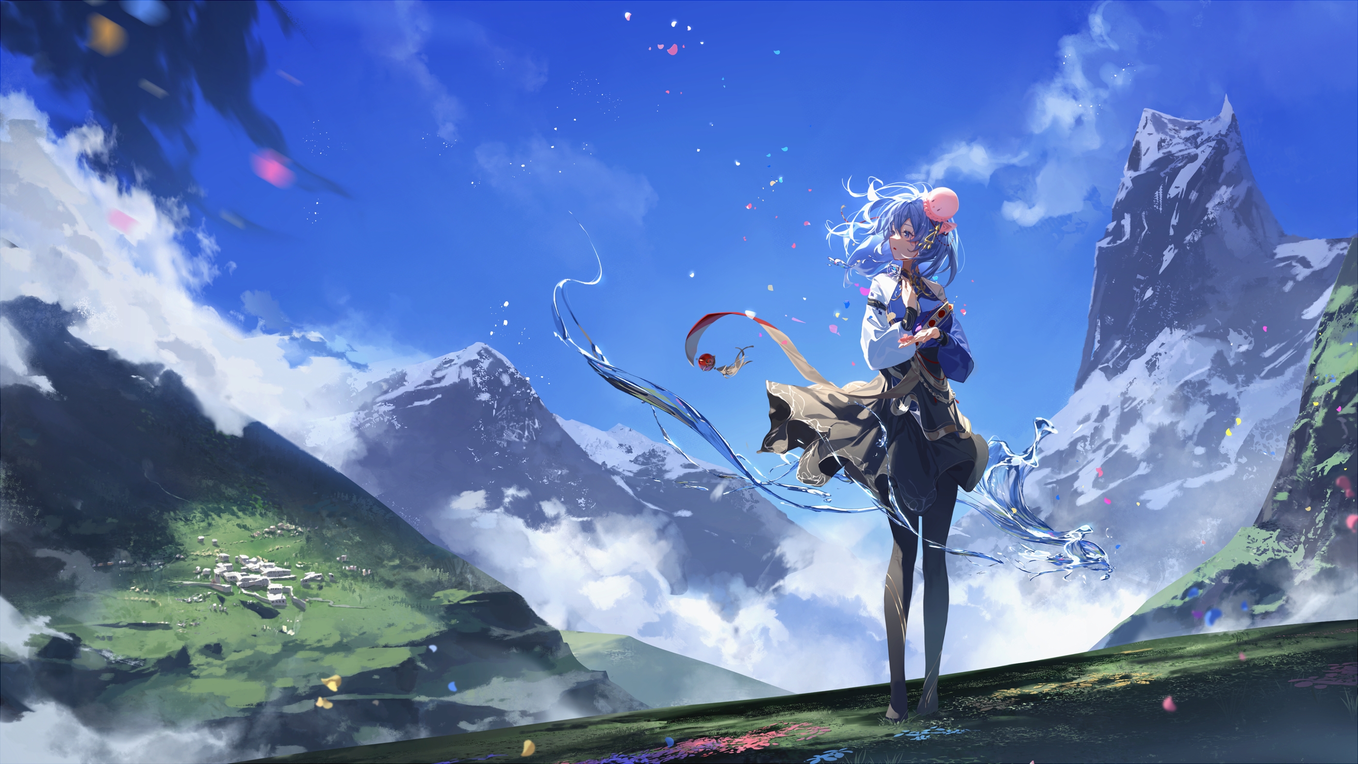 Anime Anime Girls Haiyi Clouds Mountains Blue Hair Thigh Highs Grass Clear Sky Snow 2799x1575