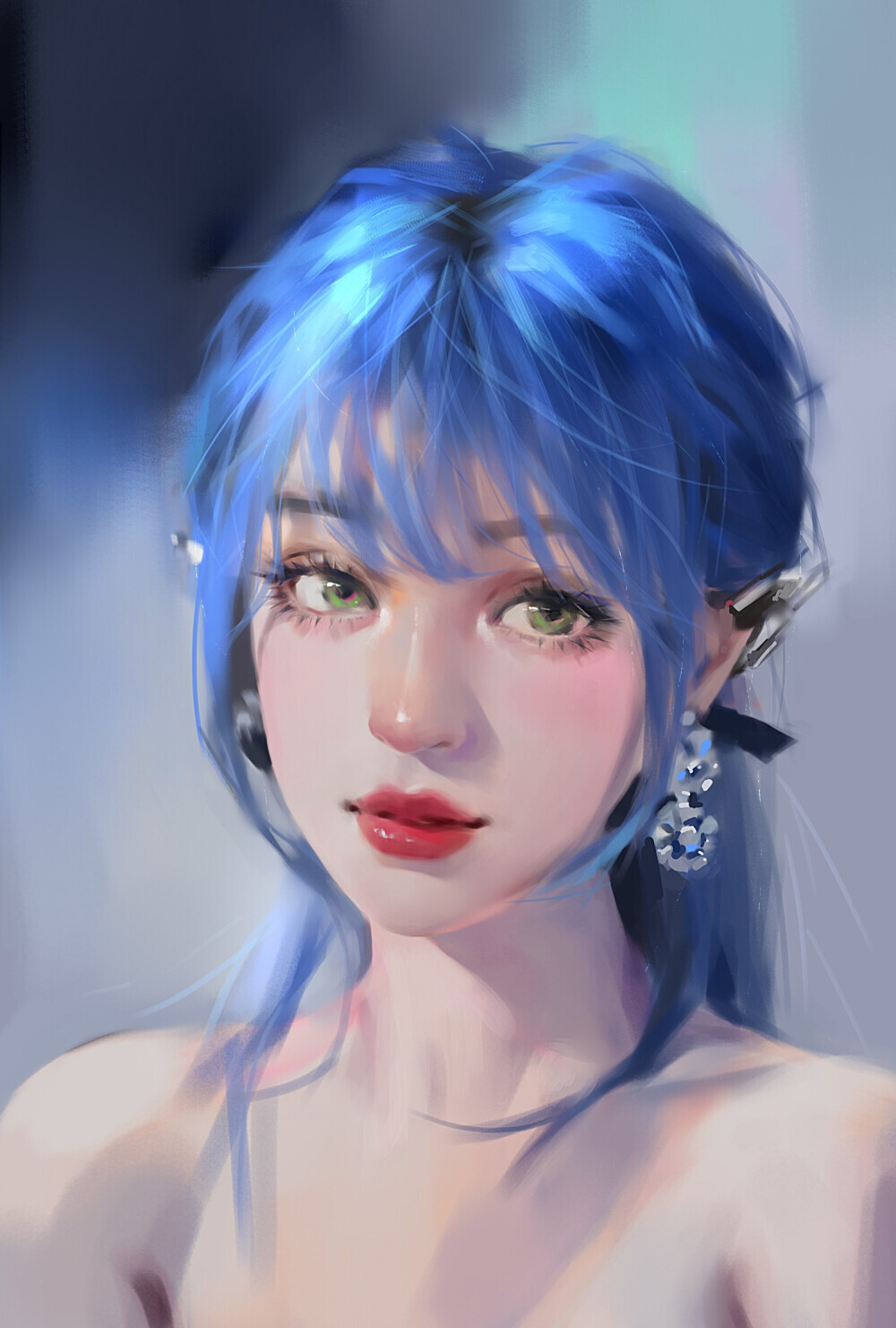 Artwork Blue Hair Women Face Fantasy Girl Green Eyes 1000x1481