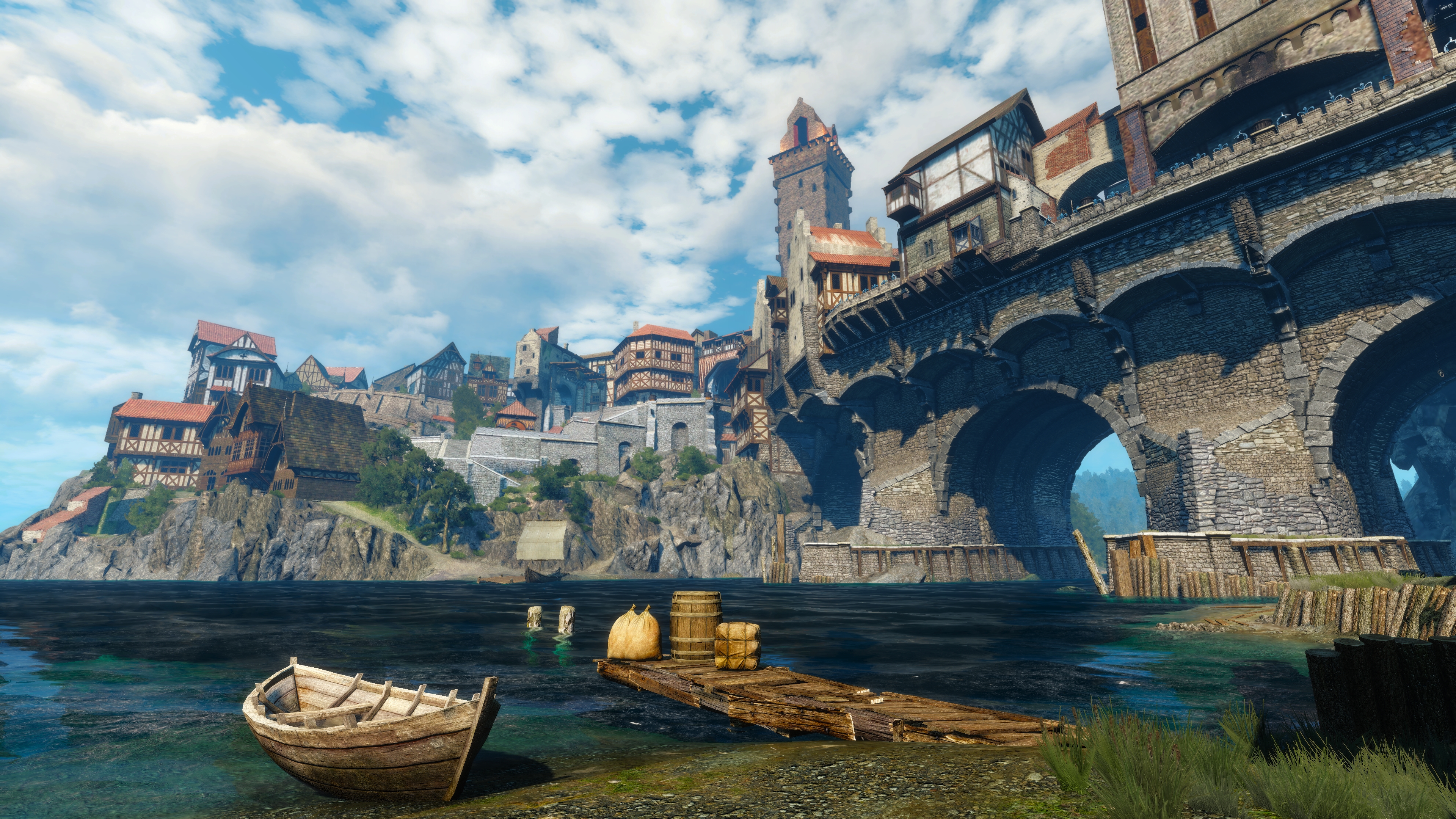 The Witcher 3 Wild Hunt Screen Shot PC Gaming Novigrad Bridge River Boat City Cityscape 3840x2160