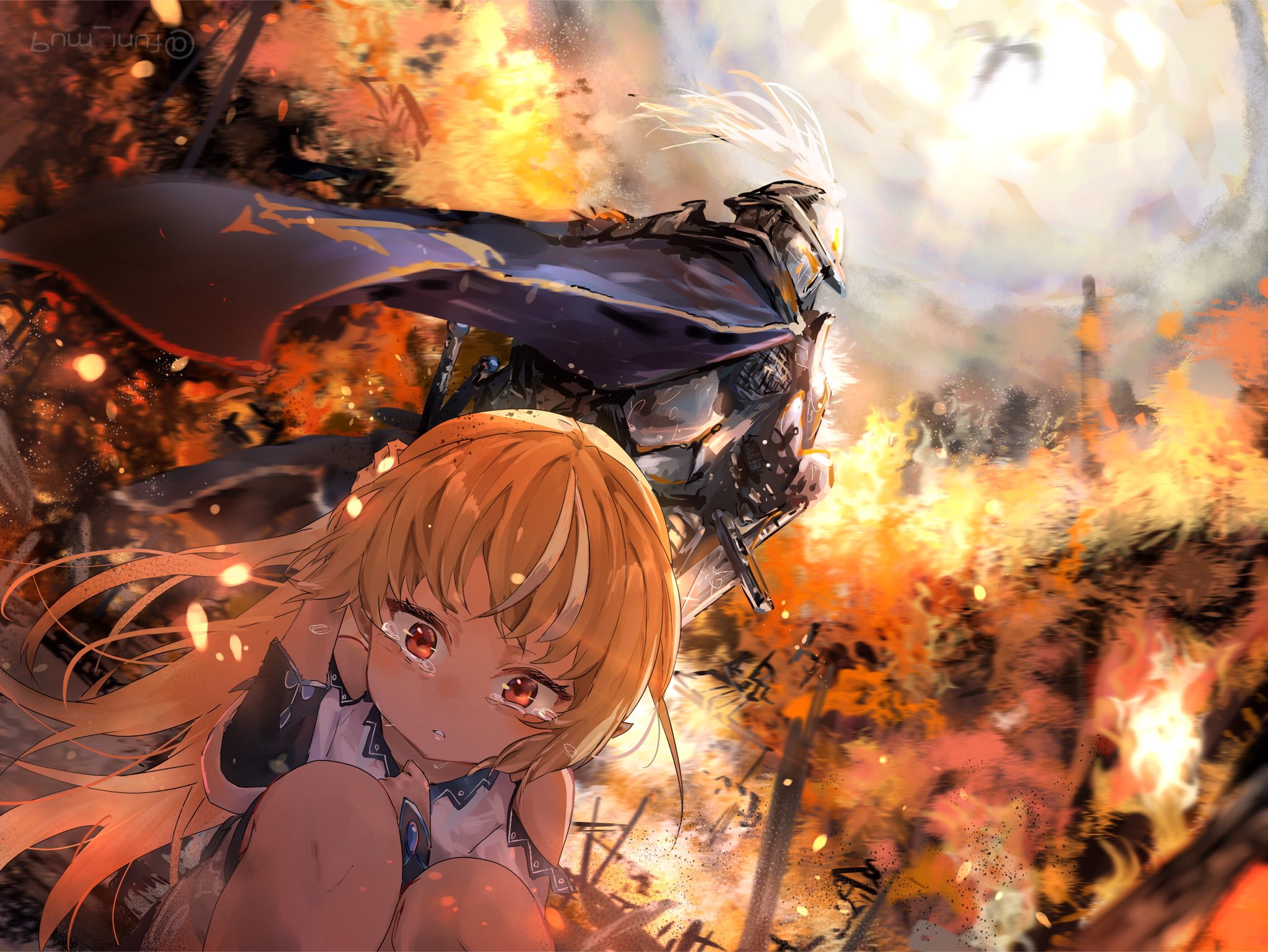Hololive Shiranui Flare Blonde Knight Angel Red Eyes Pointy Ears Tan Burning House Virtual Youtuber  2048x1538