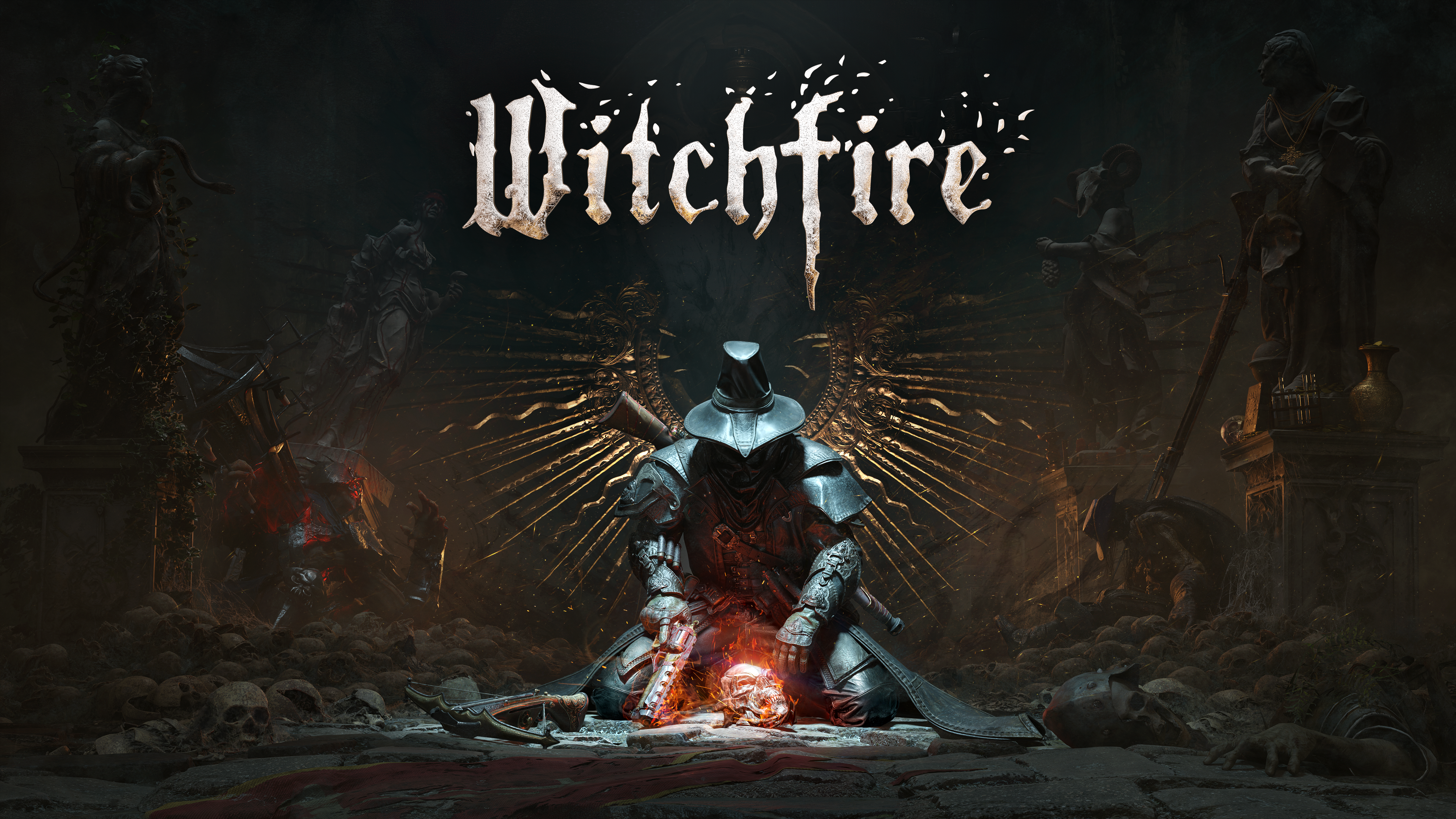 Witchfire Video Game Art Video Games Armor Skull Crossbow Gun Statue Wings Title 3840x2160