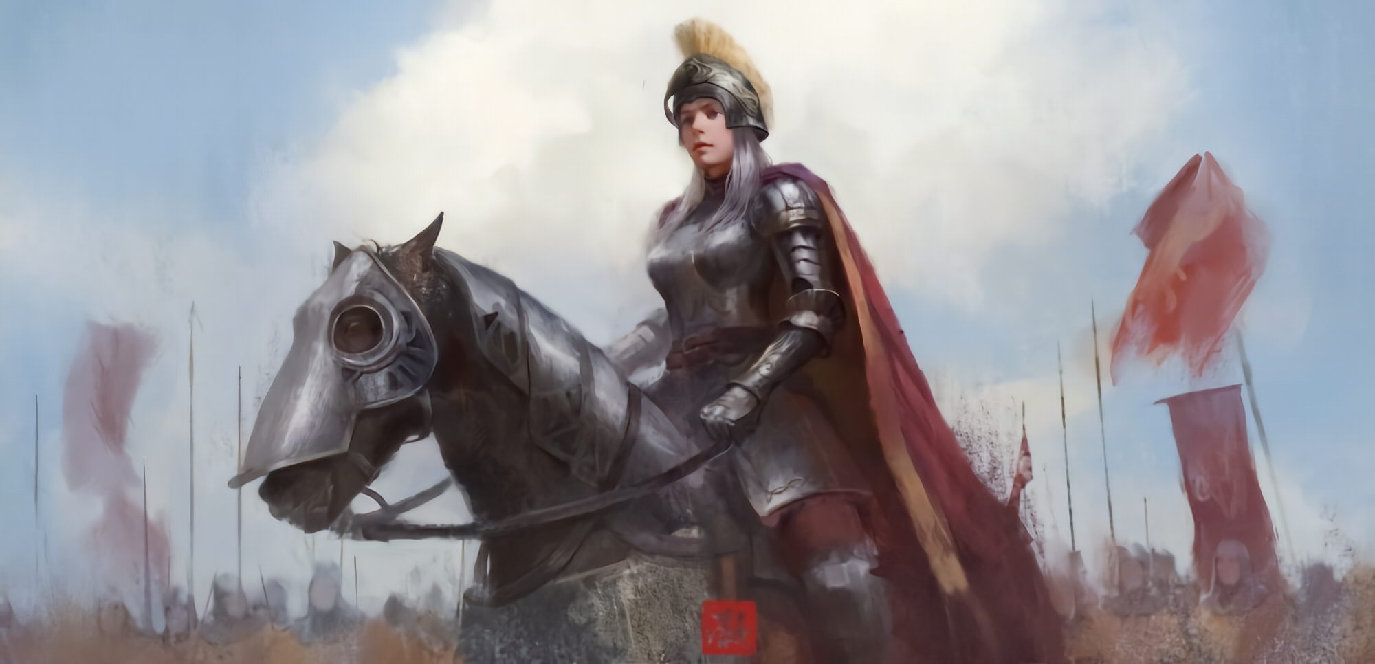 Fantasy Art Knight Warrior Women Horse Digital Art 2000x966