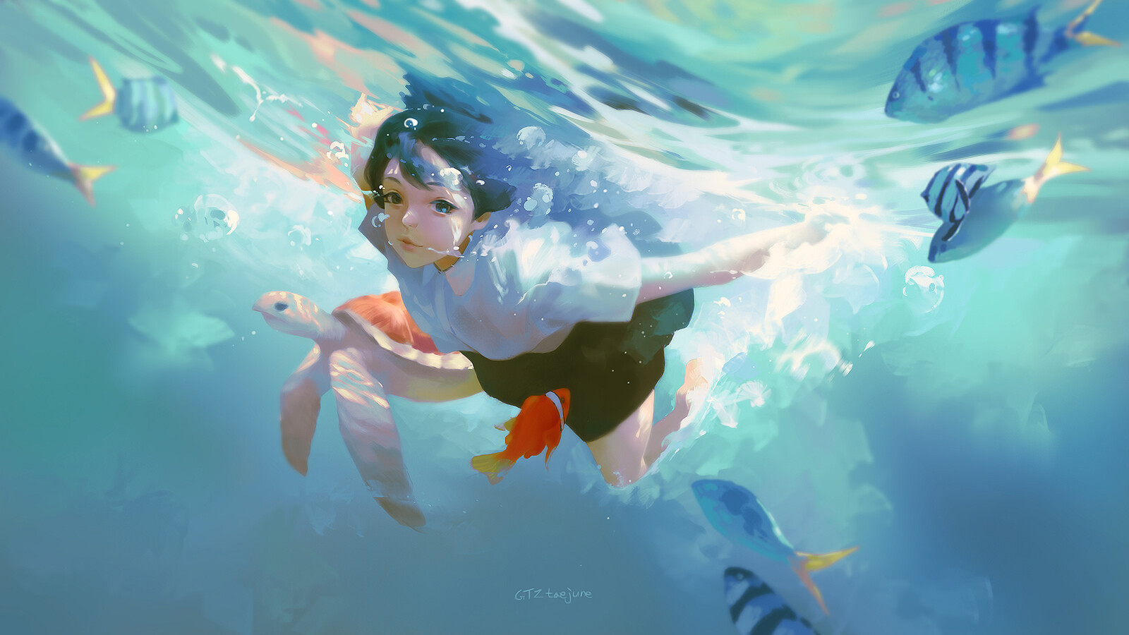 Women Short Hair Swimming Underwater Fish Turtle Digital Art In Water 1600x900