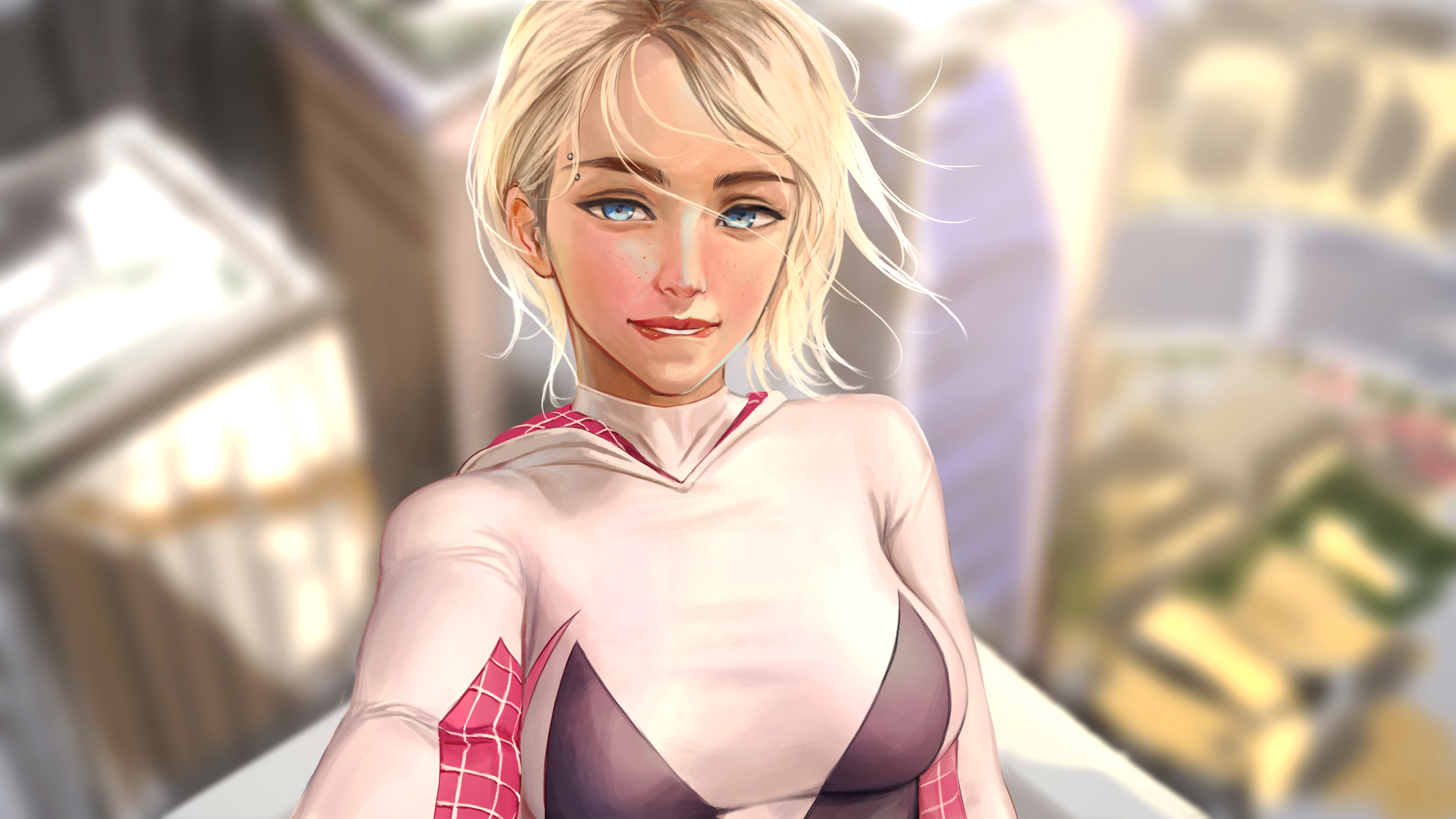 Gwen Stacy Spider Gwen Marvel Comics Blonde Blue Eyes Short Hair Selfies  Blushing Biting Lip 2D Artw Wallpaper - Resolution:7000x3938 - ID:1335046 -  