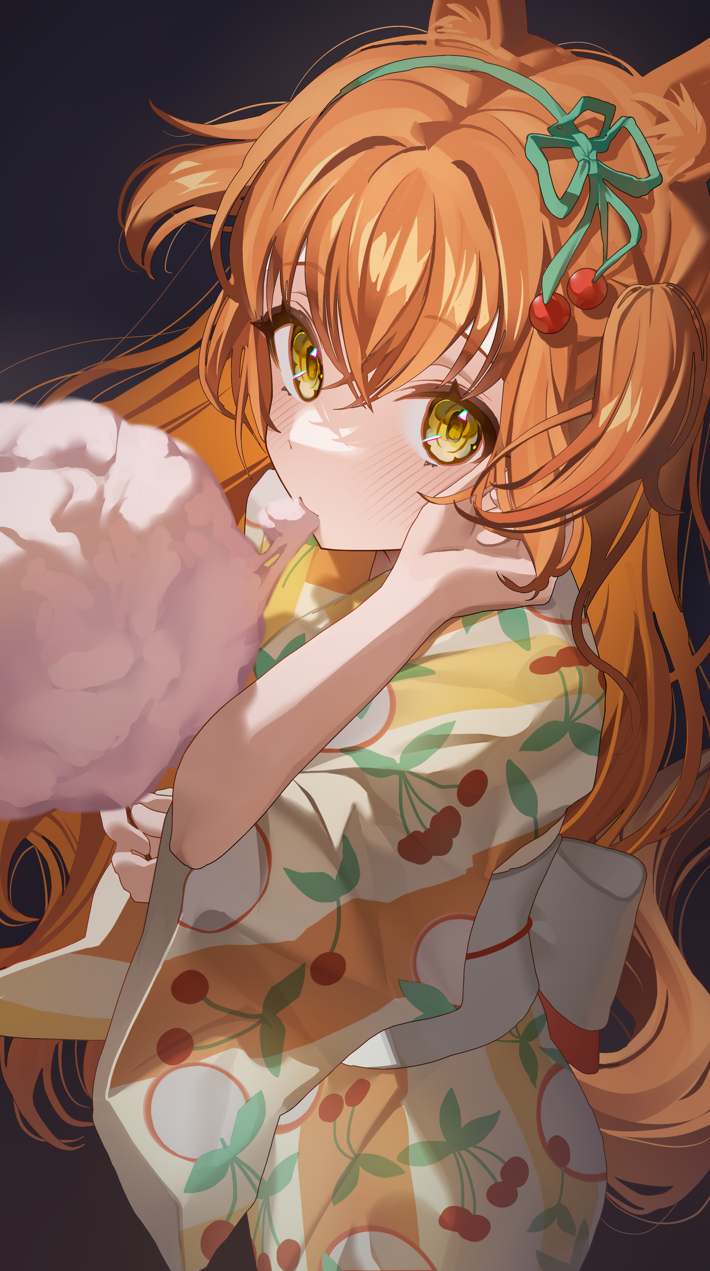 Anime Anime Girls Redhead Yellow Eyes Cotton Candy Eating Sweets Animal Ears Animal Tail 2281x4084