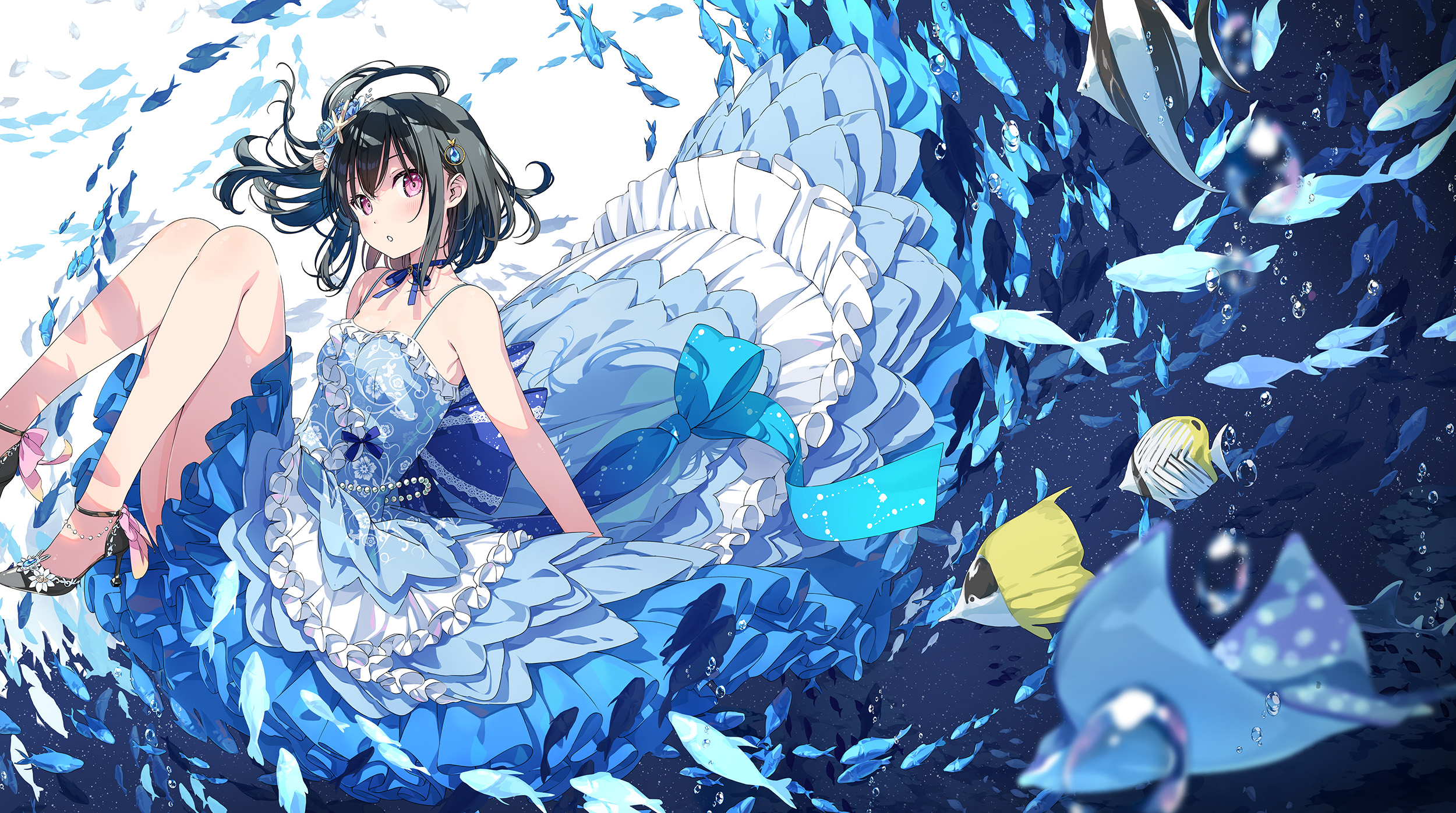 Afterschool Of The 5th Year Shizuku Kantoku Dress Looking At Viewer Water Hair Ornament Underwater B 2500x1396