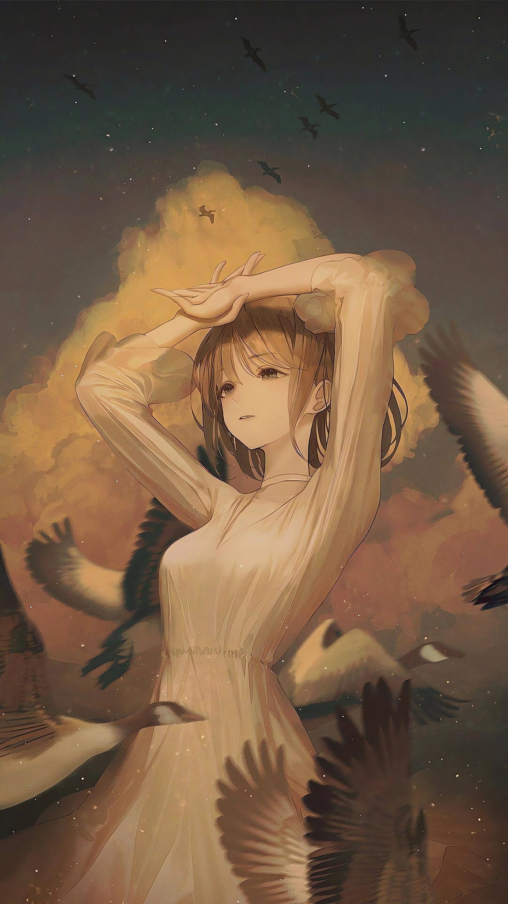 Anime Anime Girls Portrait Display Geese Animals Clouds Looking Away Sky Short Hair Dress 2160x3840
