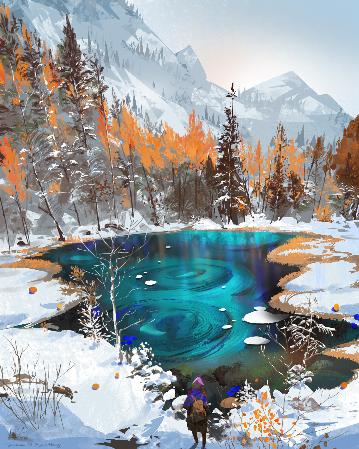 Artwork Digital Art Nature Snow Pond Trees Water 1198x1498