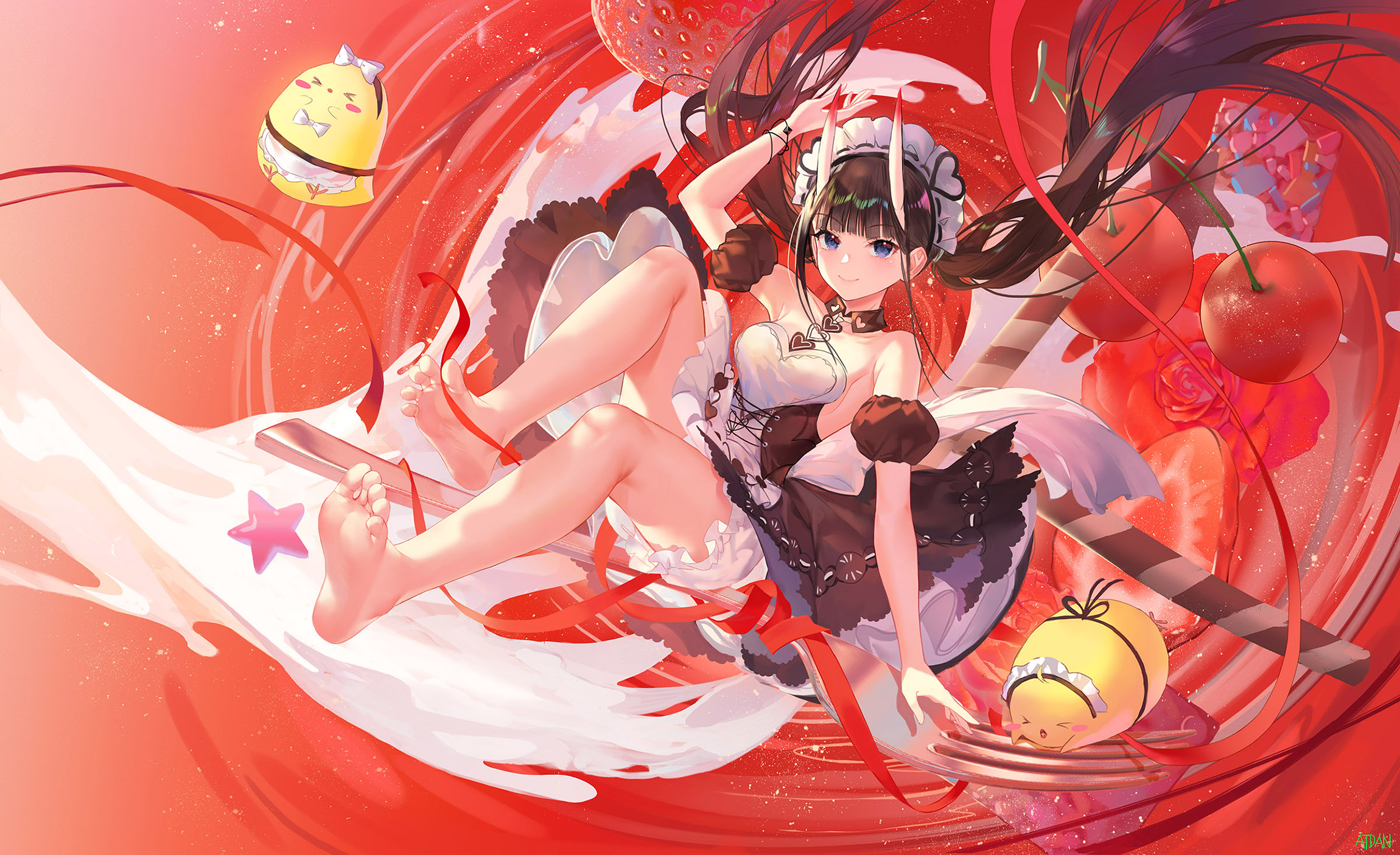 Anime Anime Girls Horns Maid Maid Outfit Cherries Strawberries Fork Feet Oni Girl Noshiro Azur Lane  2300x1406